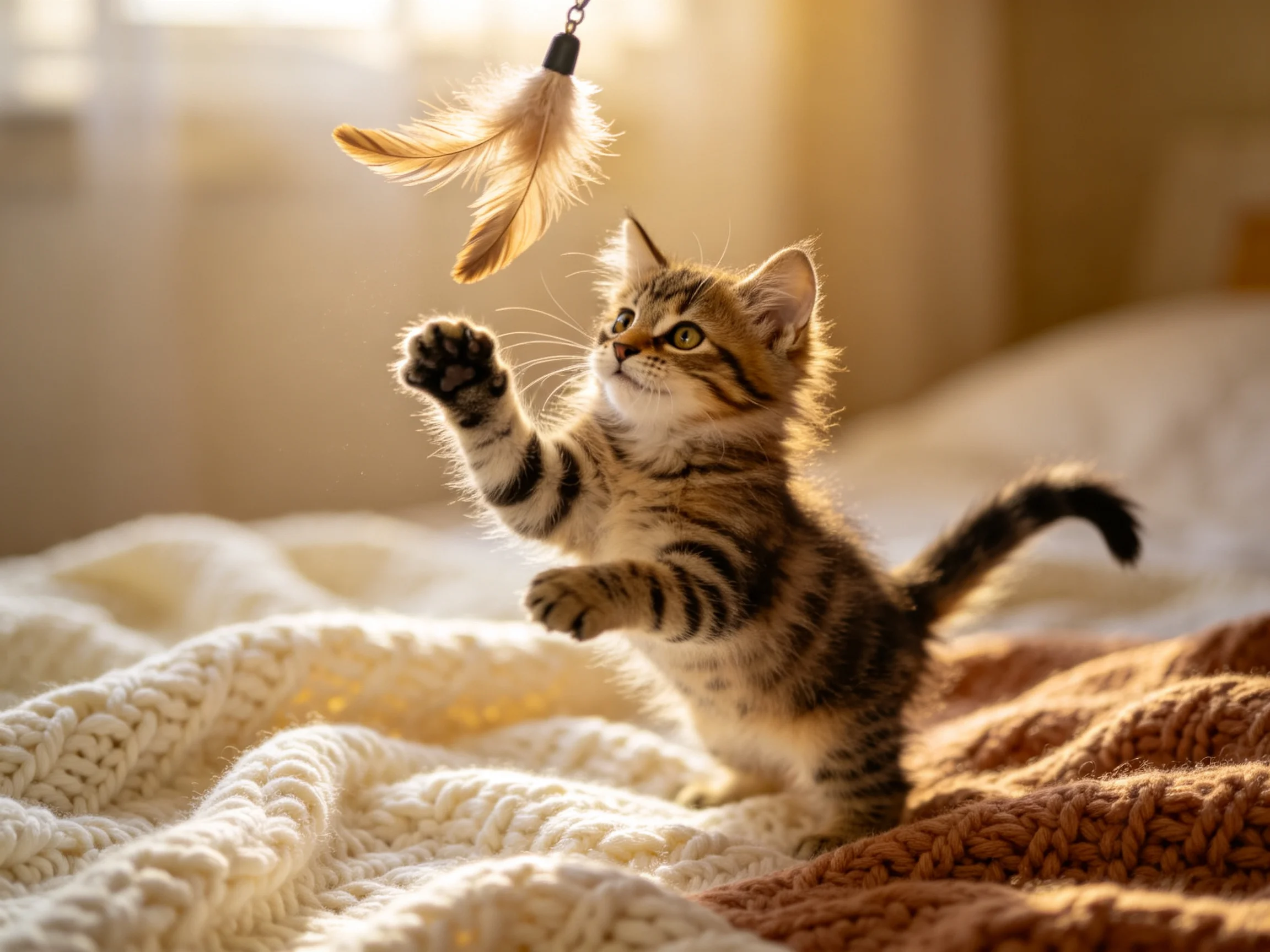 A curious tabby kitten plays with a feather toy on cozy blankets