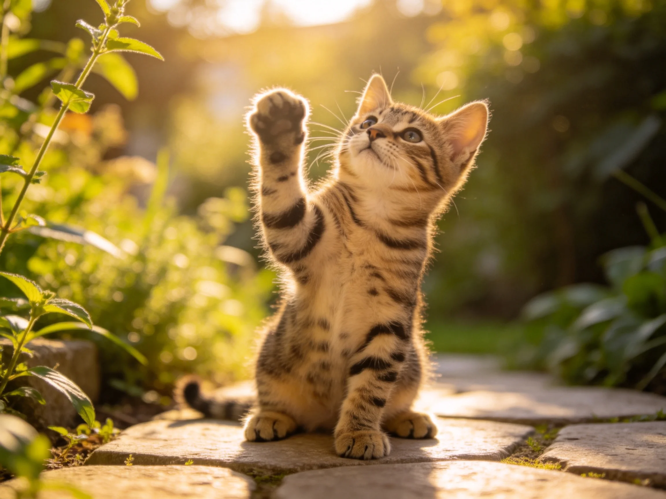 A curious tabby kitten reaches upward amid lush greenery and golden sunlight