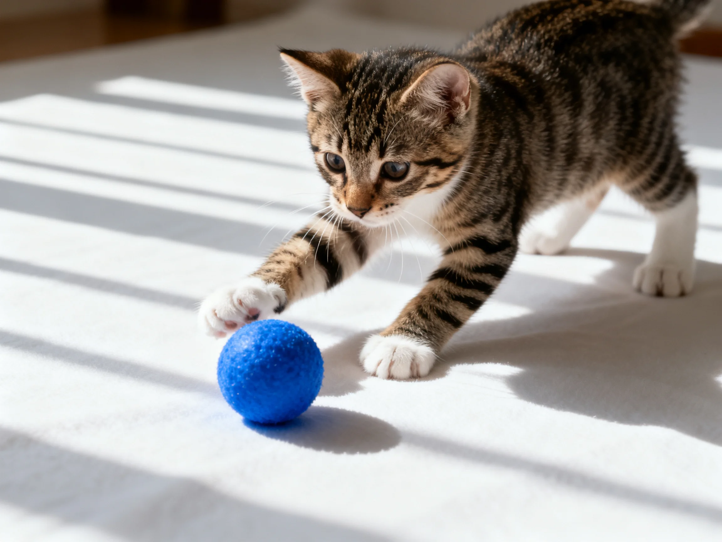 A tabby kitten reaches toward a blue ball on a sunlit surface