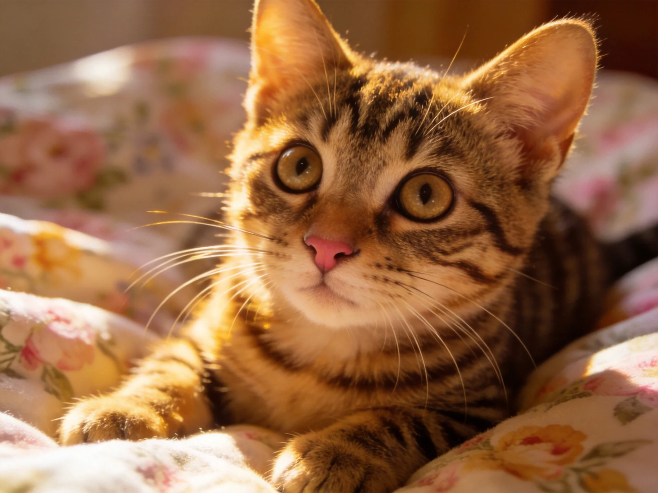 A curious tabby kitten relaxes on a flowered blanket under sunny conditions.