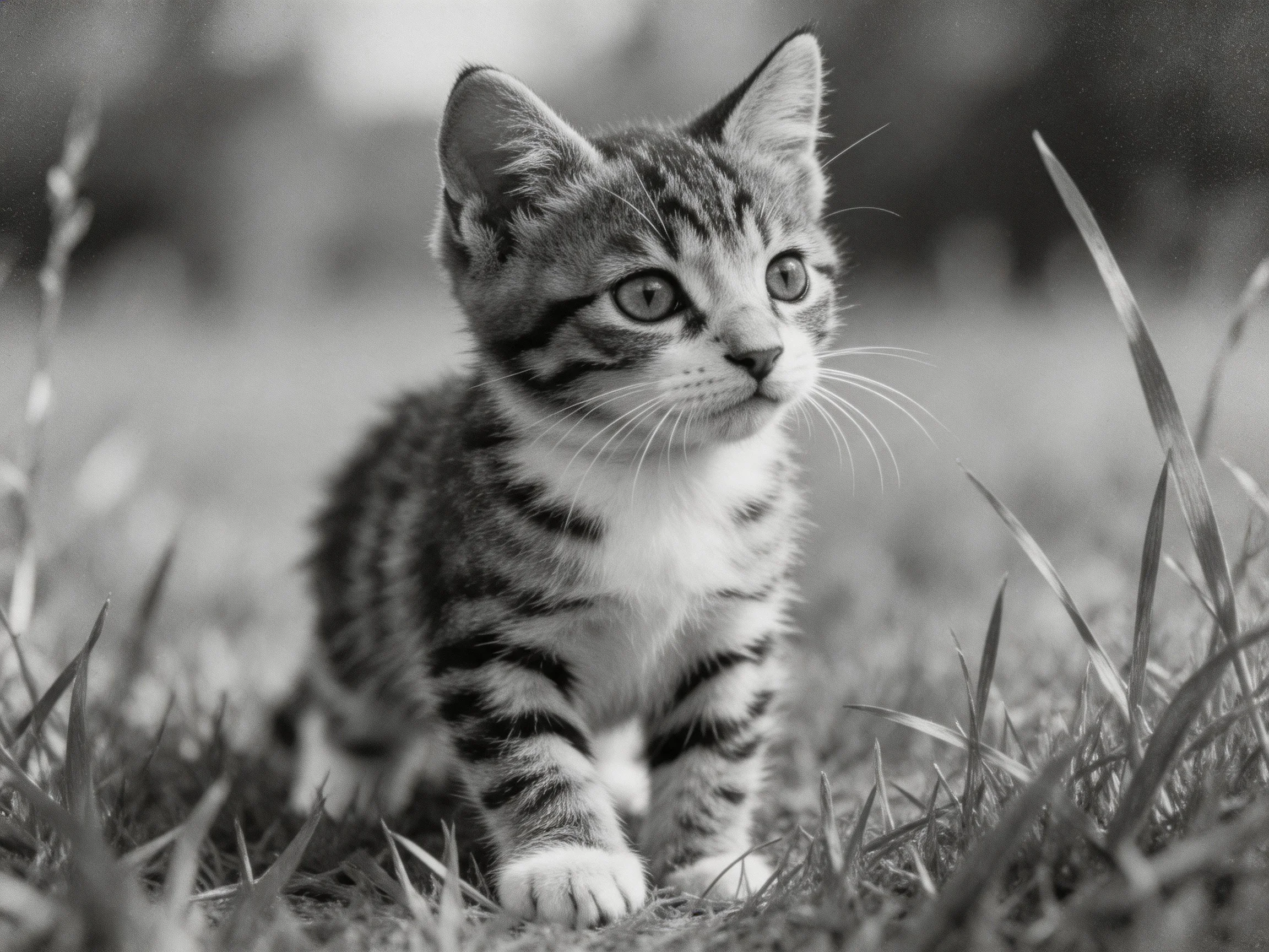 A curious tabby kitten sits among tall grass in a monochrome image.
