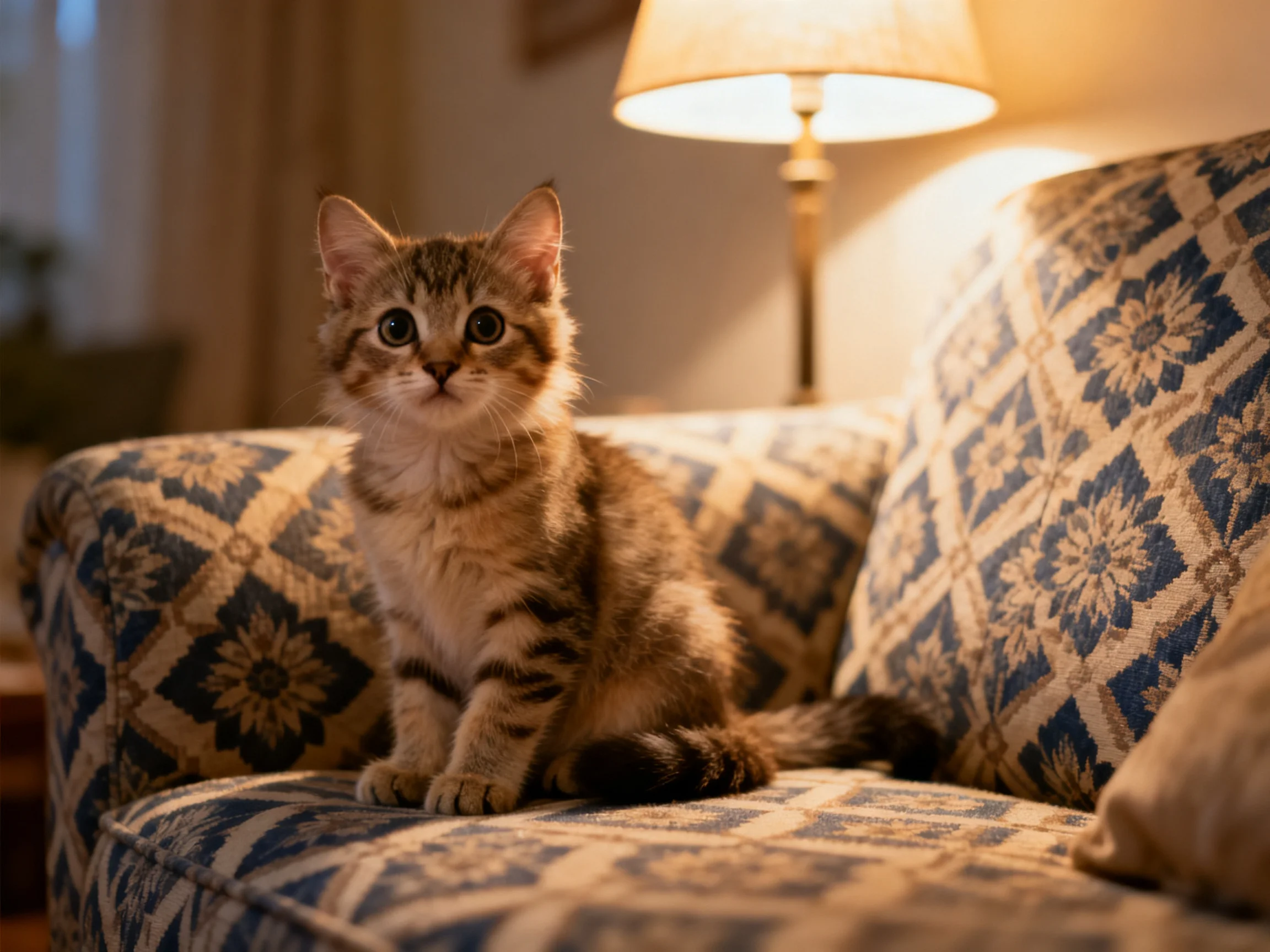 A curious tabby kitten sits on a patterned blue sofa beside a lit lamp