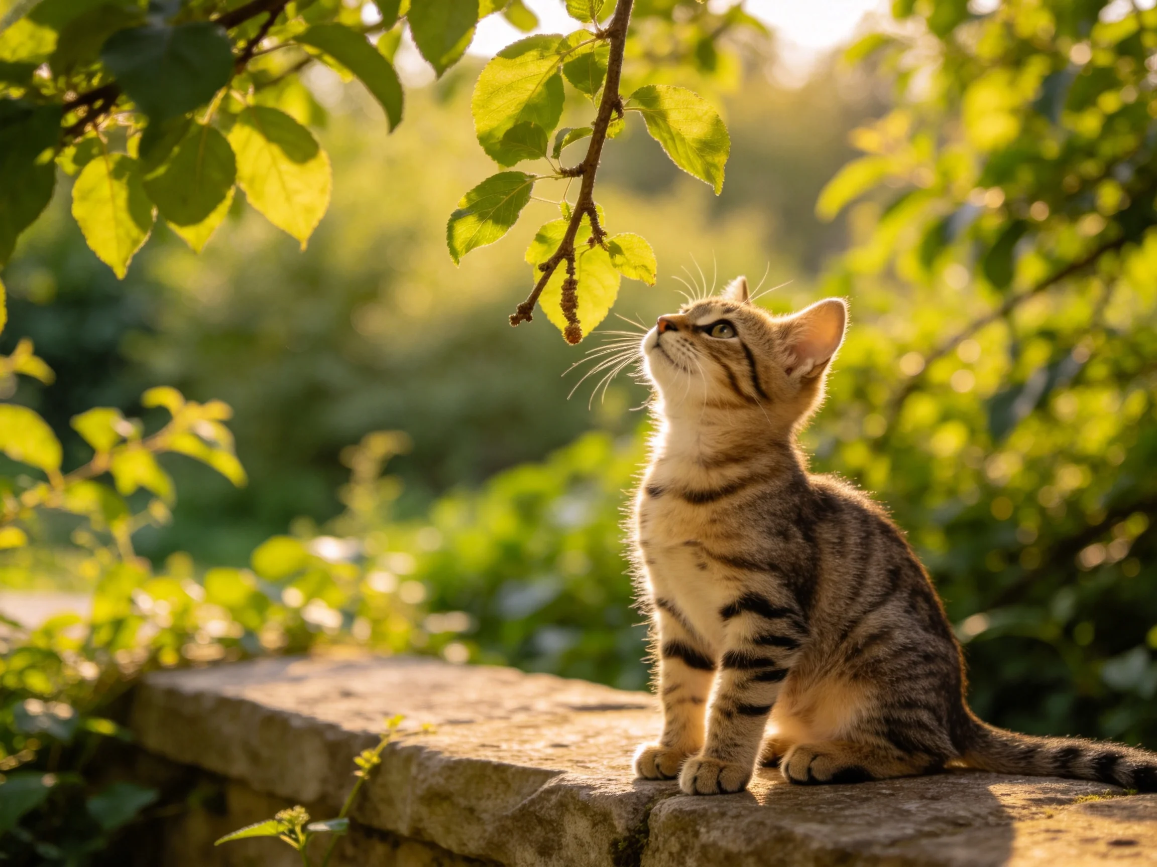A curious tabby kitten sits on a stone ledge amid lush green foliage