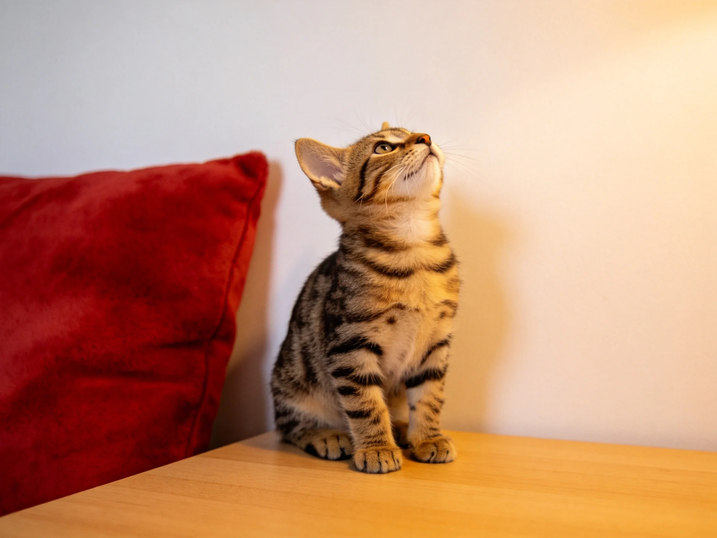 A curious tabby kitten sits on a wooden table beside a red cushion, gazing upward.