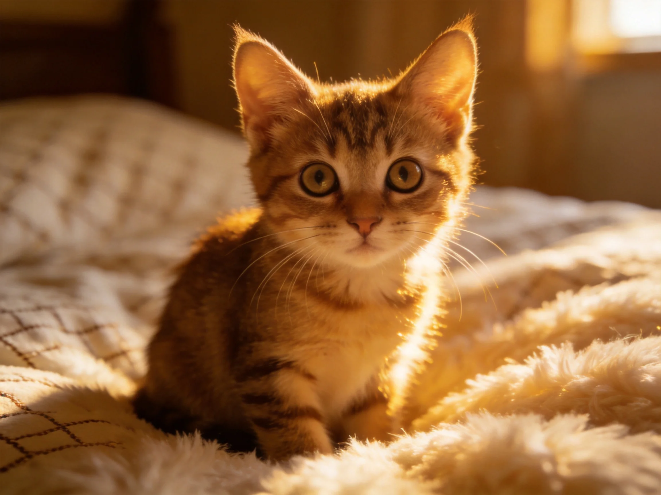 A curious tabby kitten sits on plush blankets in golden sunlight