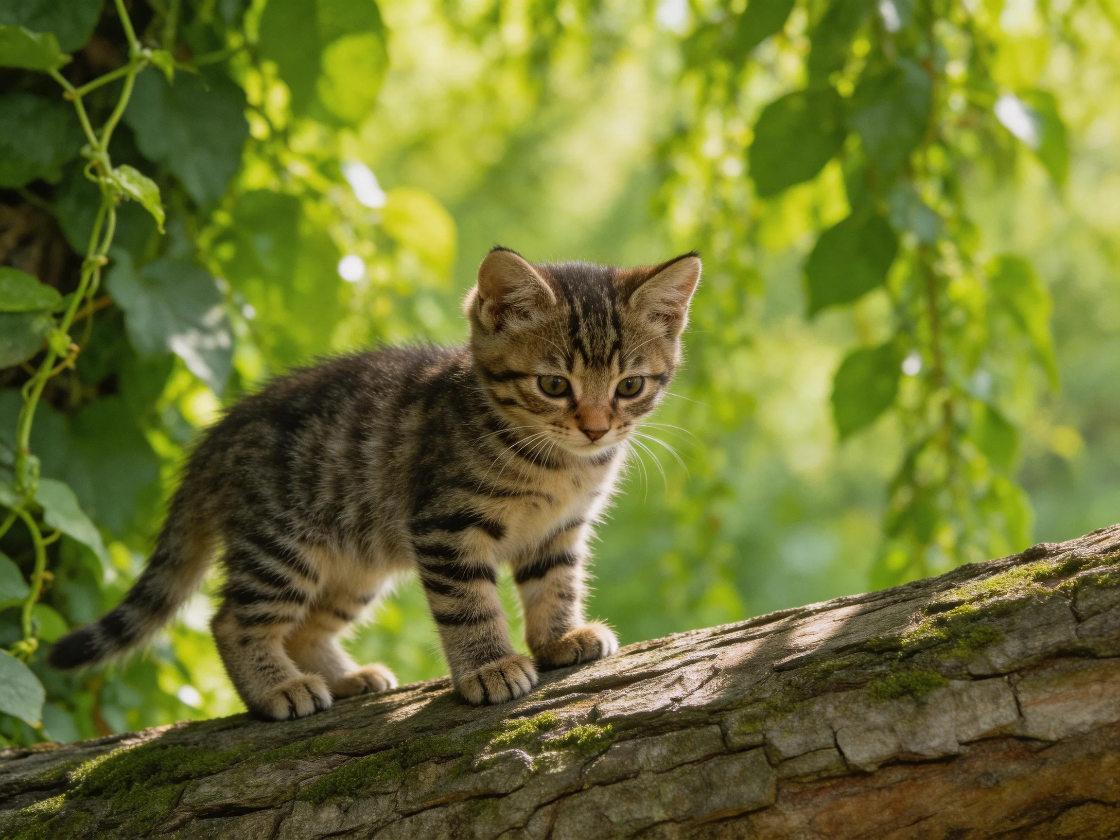 A curious tabby kitten explores a mossy tree branch surrounded by green foliage.