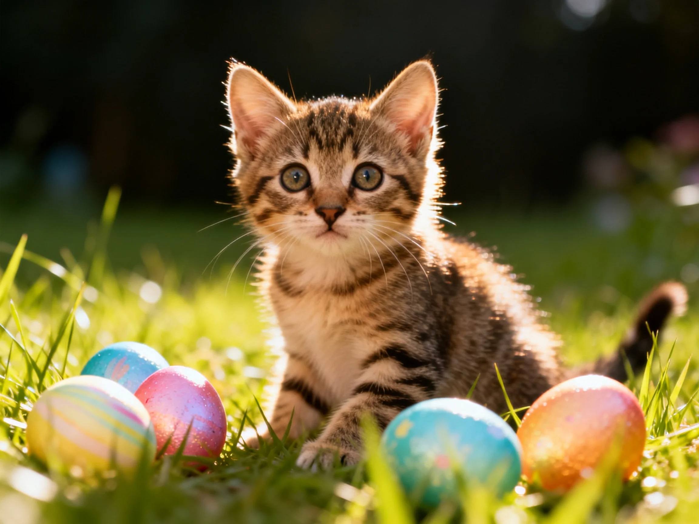 A curious tabby kitten sits among colorful Easter eggs in a sunlit grassy area.