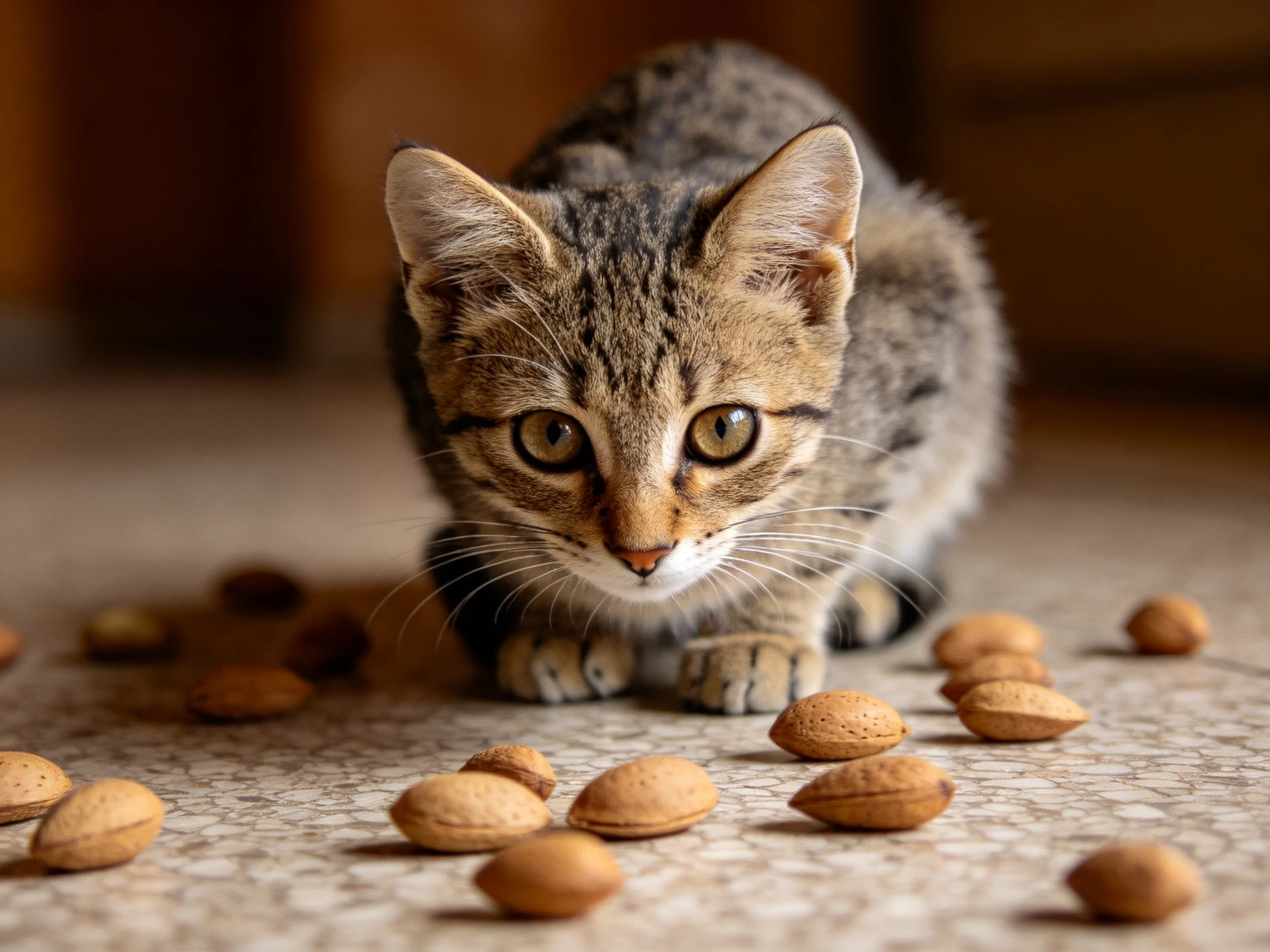 A curious tabby kitten explores among scattered almonds on a carpet.