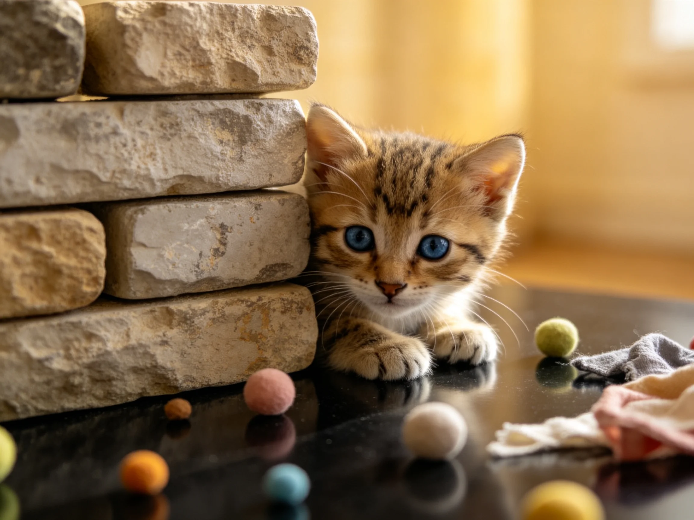 A curious tabby kitten peeks from behind stone blocks amid colorful felt balls.