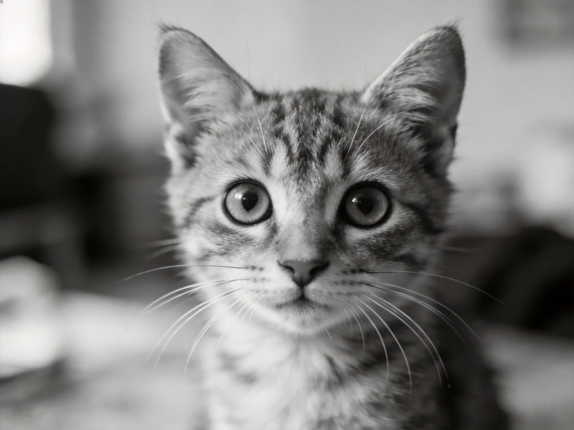 A curious tabby kitten looks directly at the camera in a monochrome image.