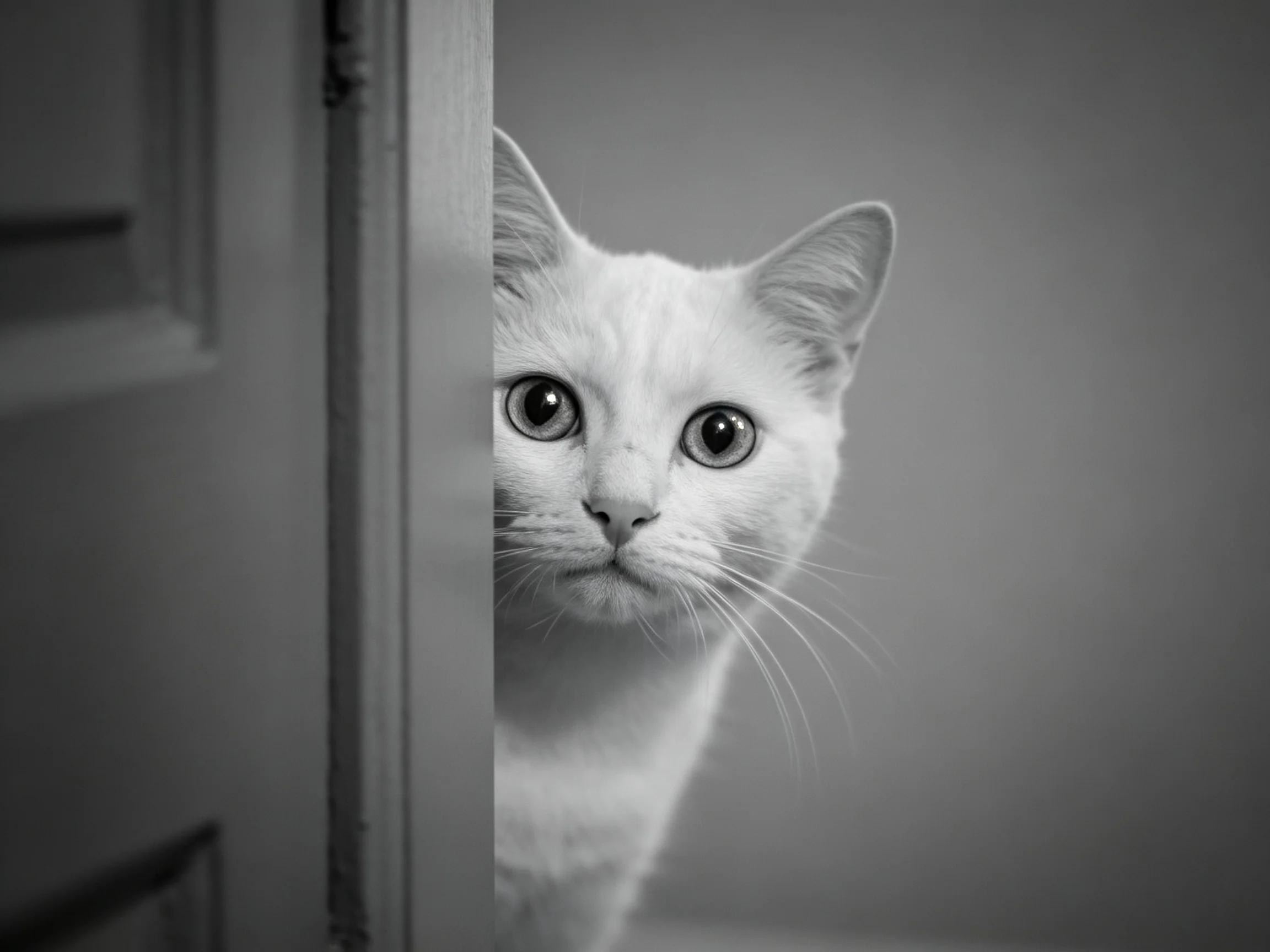 A white cat cautiously peers from behind a partially open door.
