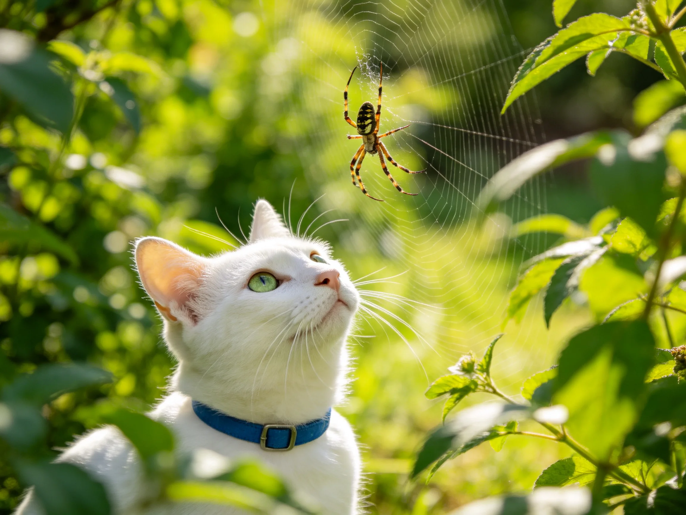 A curious white cat watches a black-and-yellow spider in dense green foliage