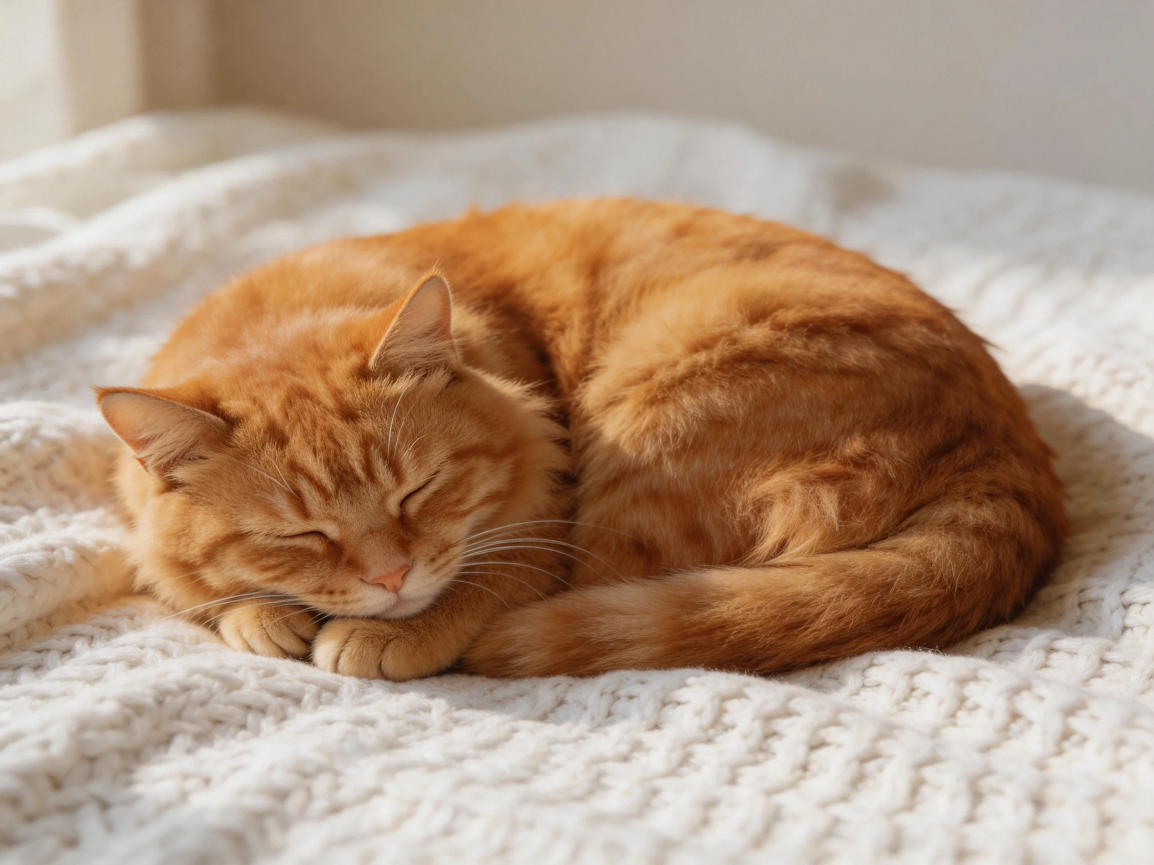 A curled orange cat sleeps on a soft white blanket