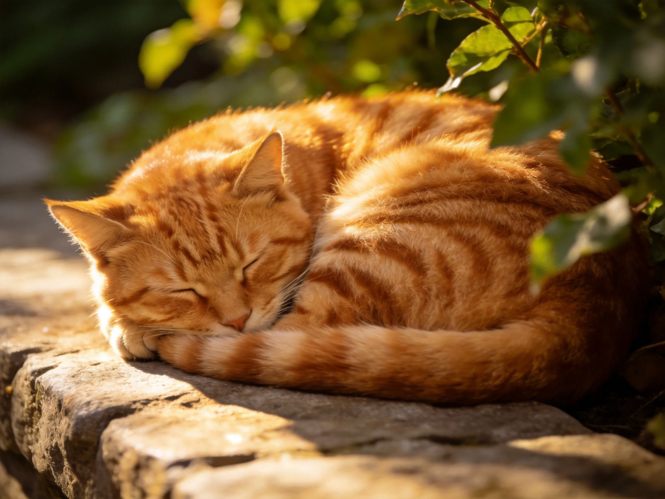A curled orange tabby cat napping on a stone ledge near greenery