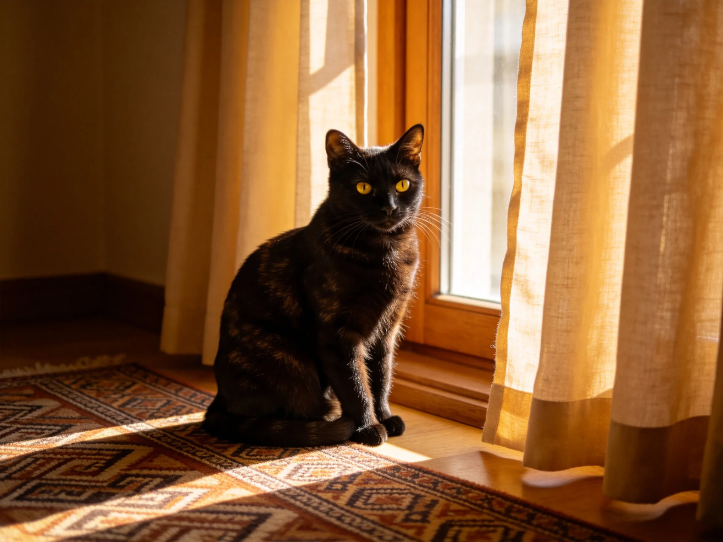 A black cat sits by a sunlit window with curtains nearby.