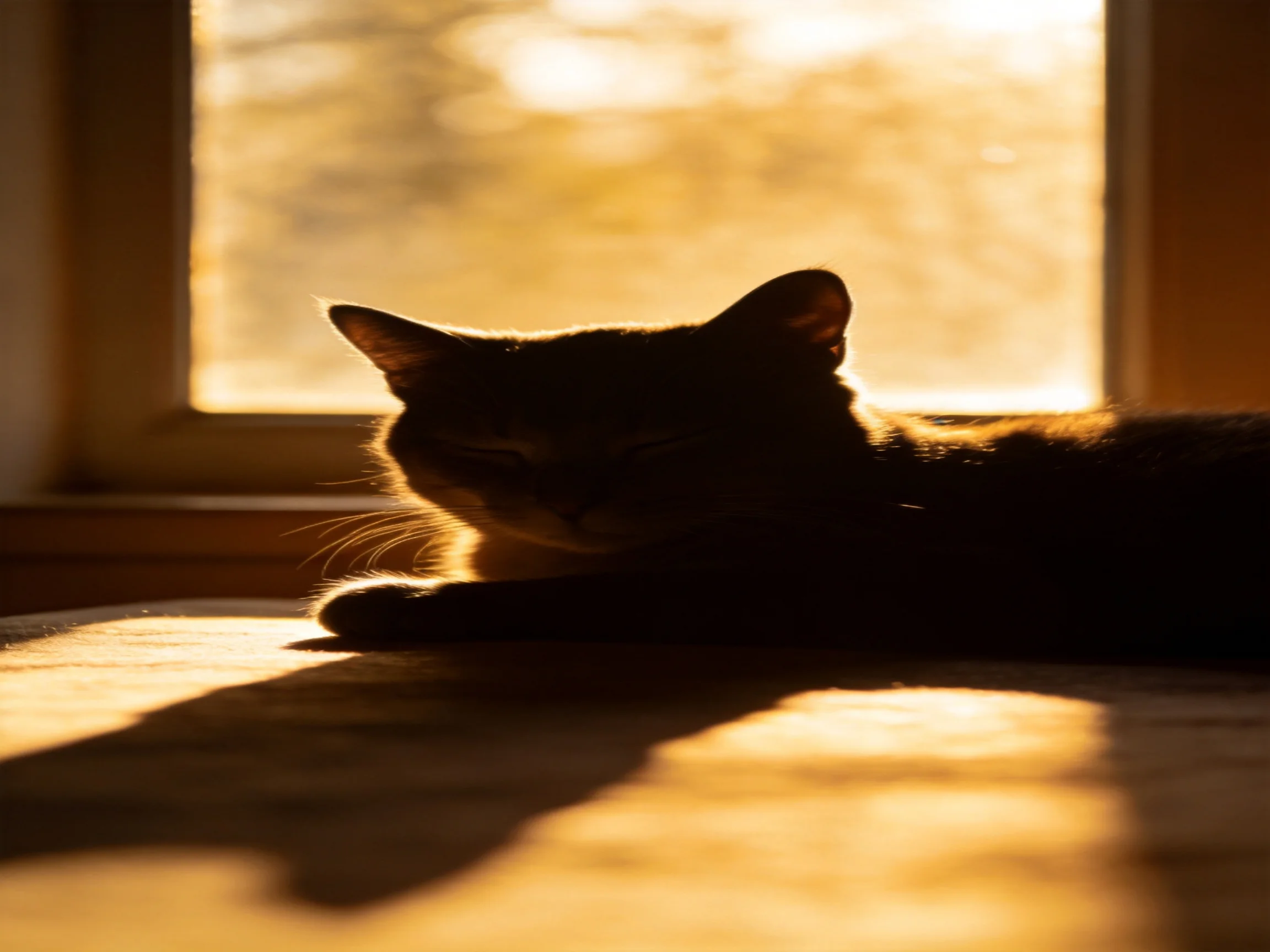 A dark cat rests near a sunlit window, bathed in golden light.