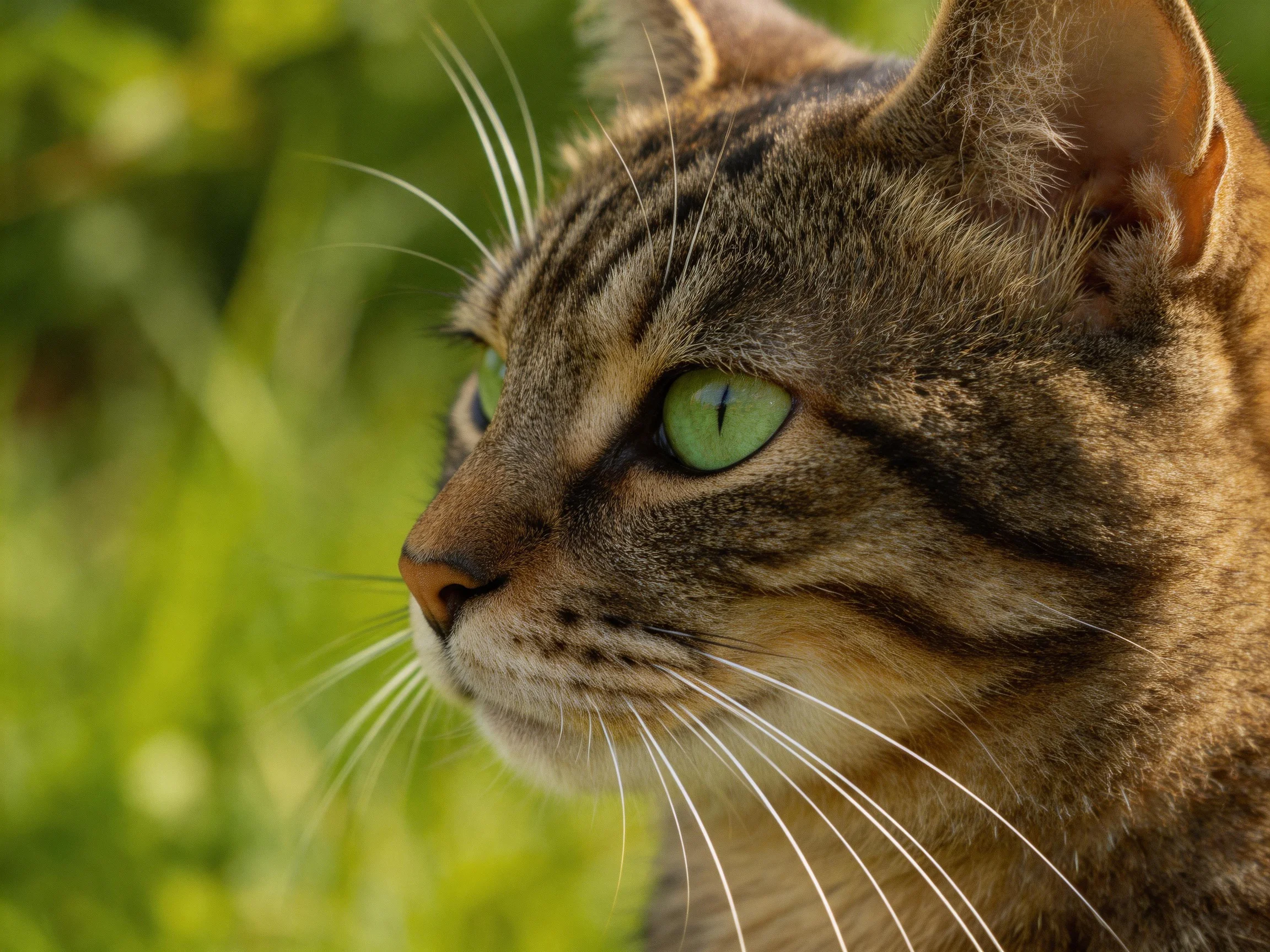 A detailed close - up of a tabby cat with green eyes
