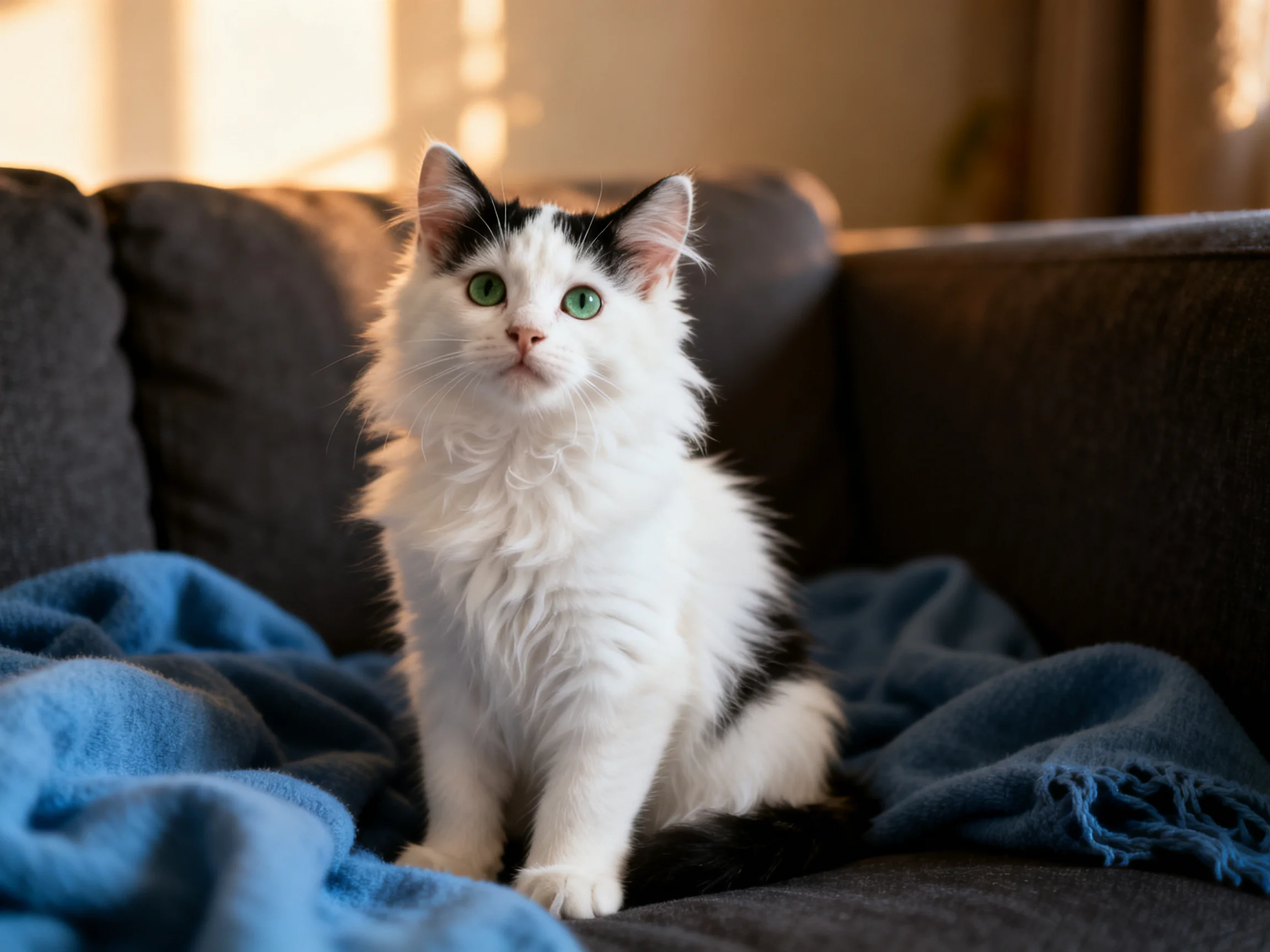 A black and white kitten sits on a couch with a blue blanket.