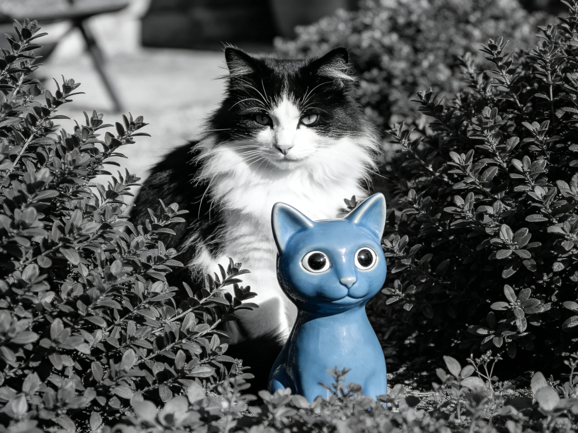 A black - white cat is next to a blue cat figurine amid bushes.
