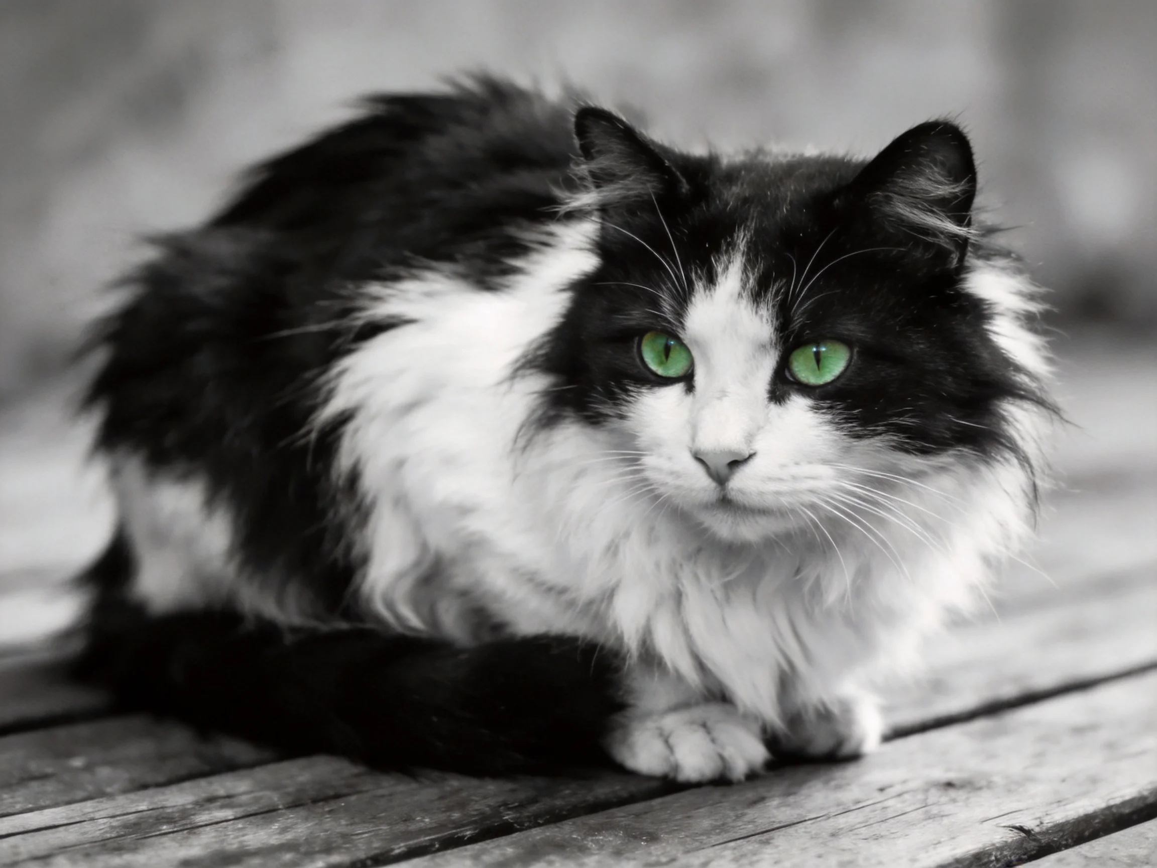A black - white fluffy cat with bright green eyes sits on wooden planks.