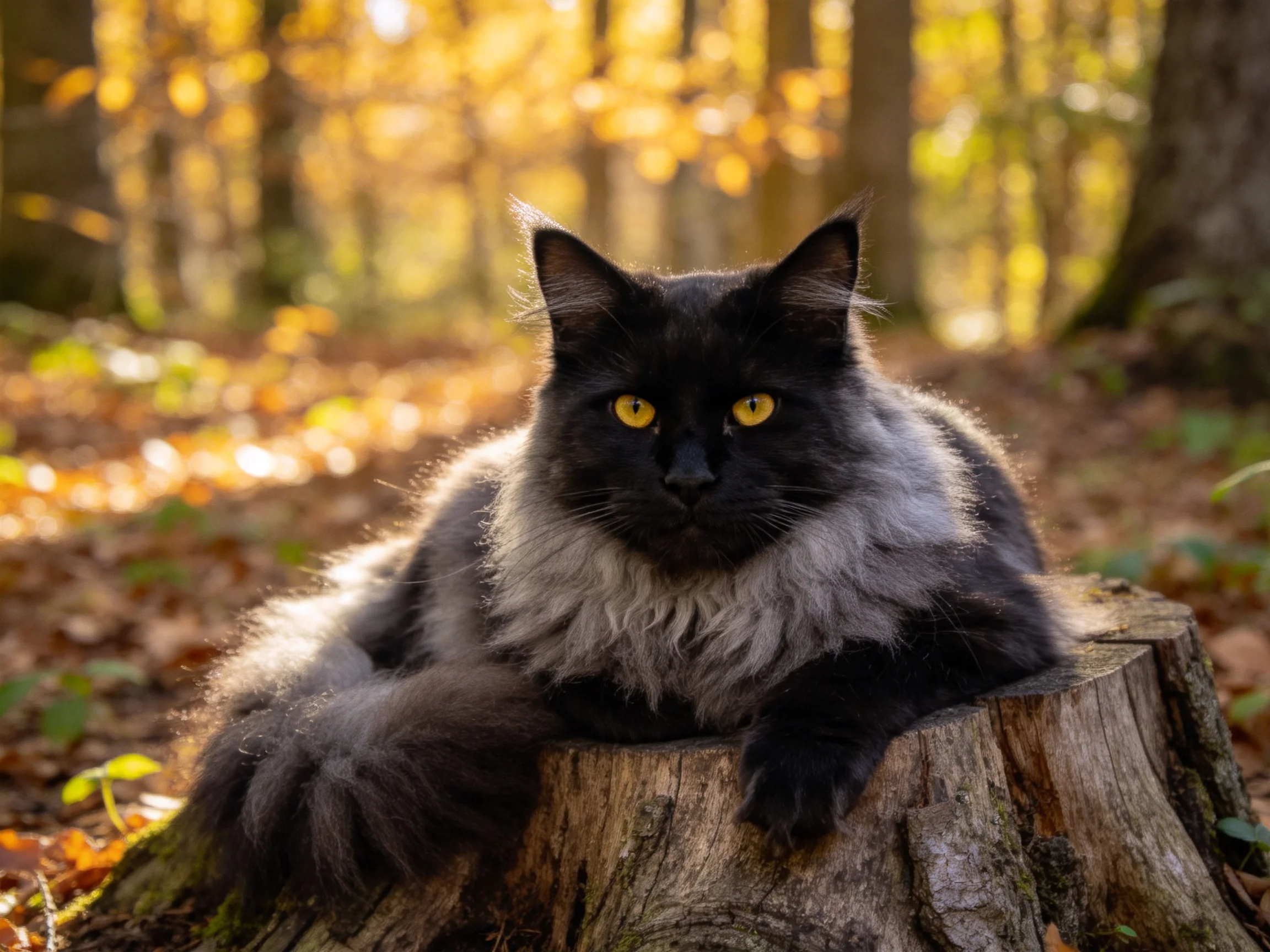 A black-and-gray cat sits on a tree stump in a sunlit forest.