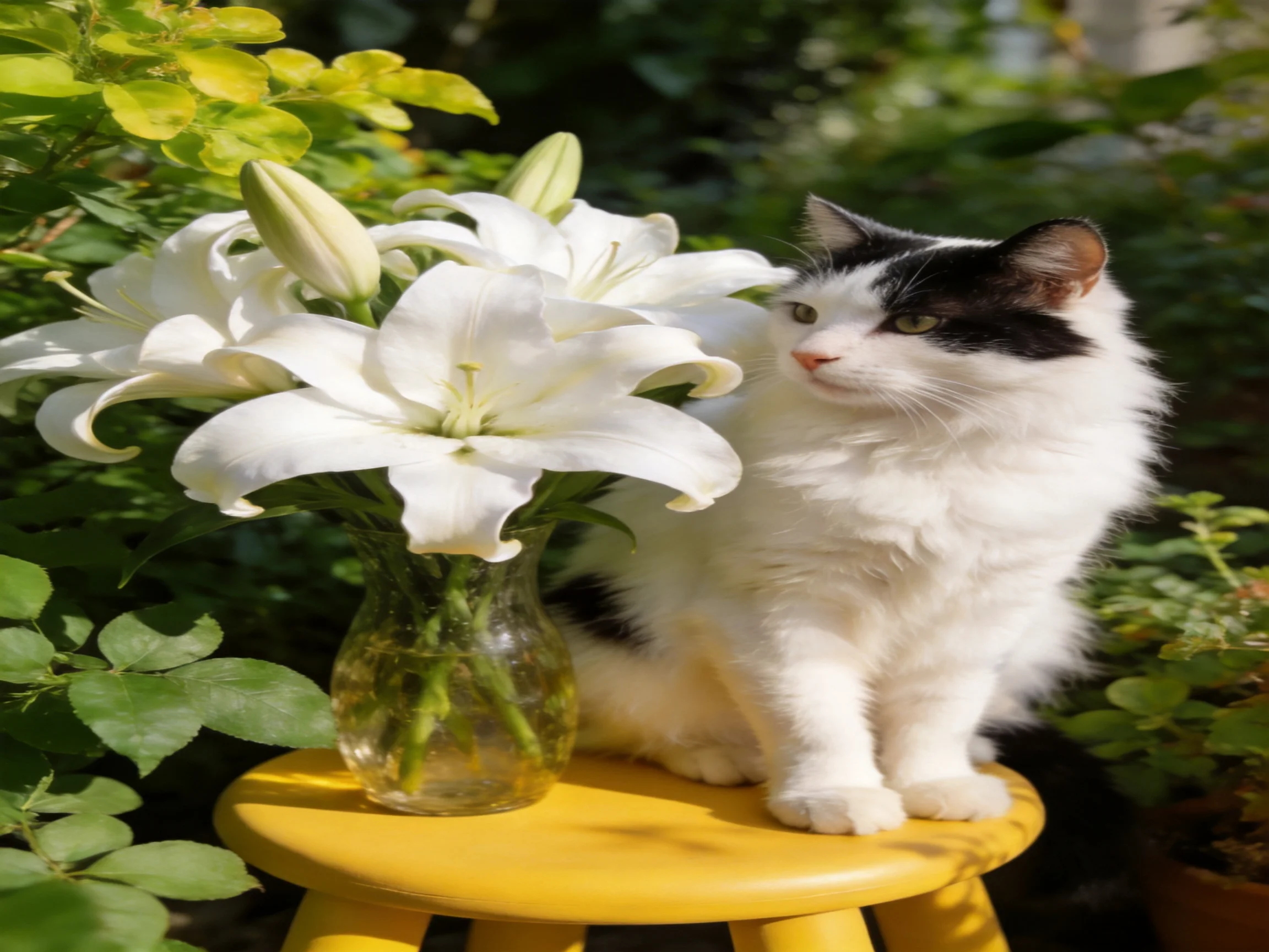 A black-and-white cat sits next to white flowers on a yellow stool outdoors.