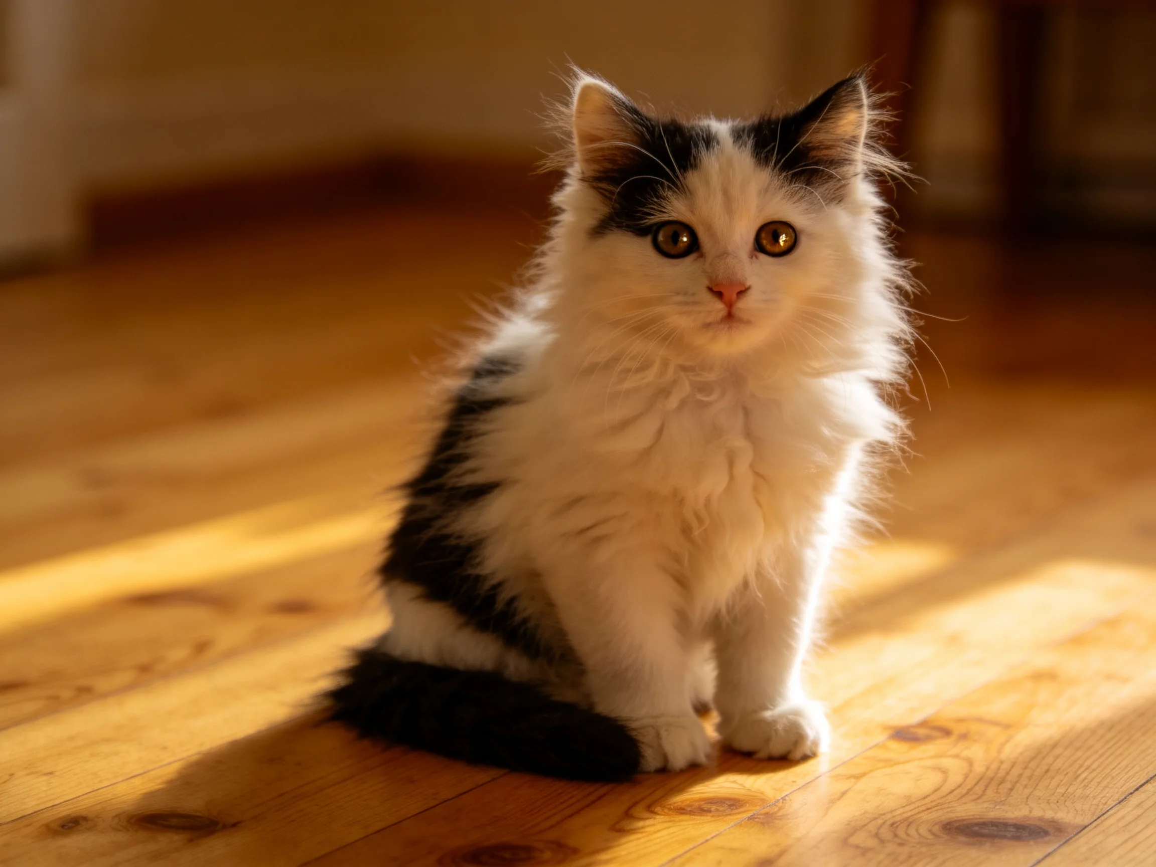 A fluffy black-and-white kitten sits on a sunlit wooden floor.