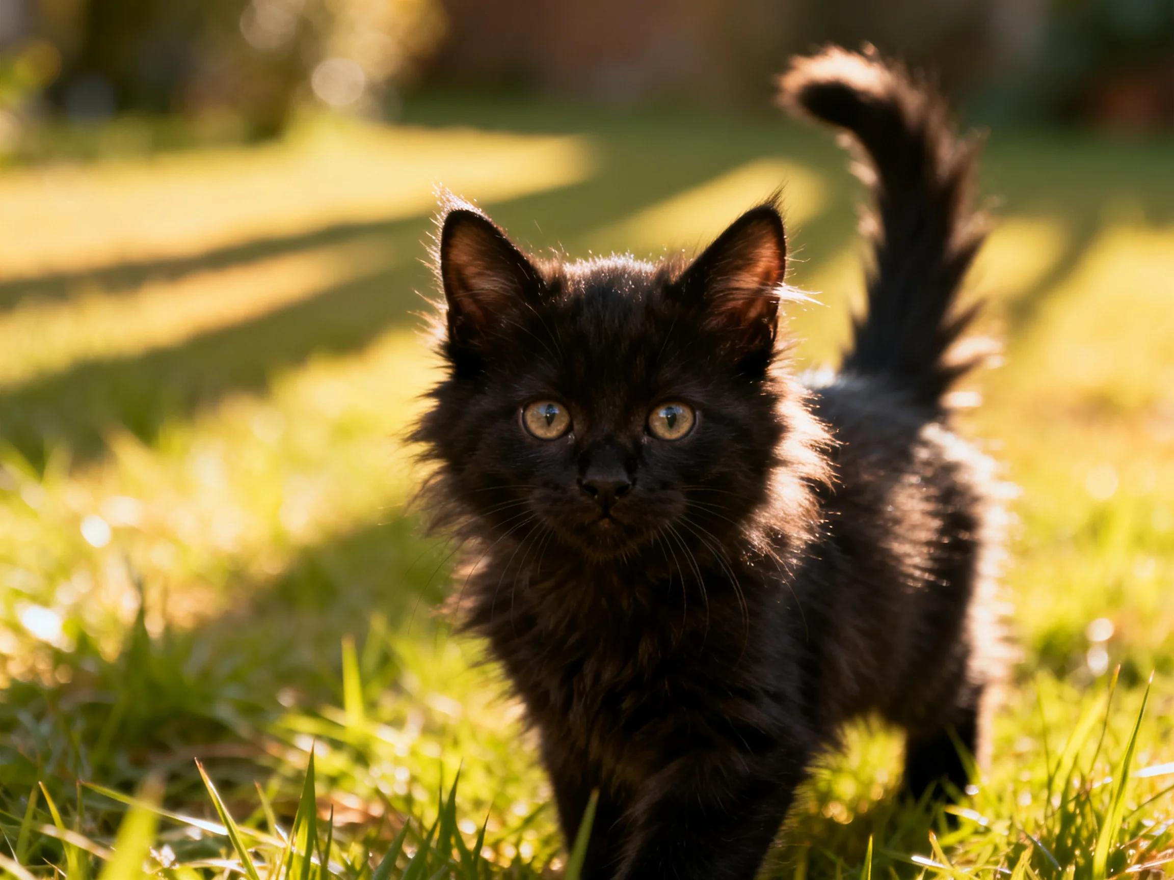 A fluffy black kitten explores sun-dappled green grass