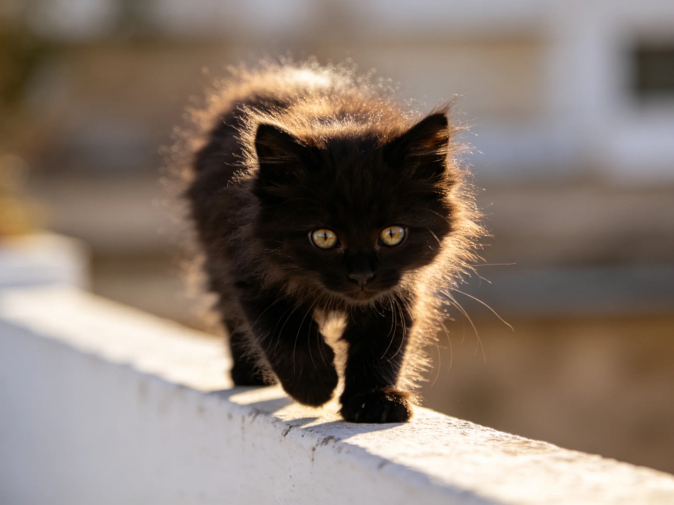 A small black kitten walks carefully on a white ledge outdoors.