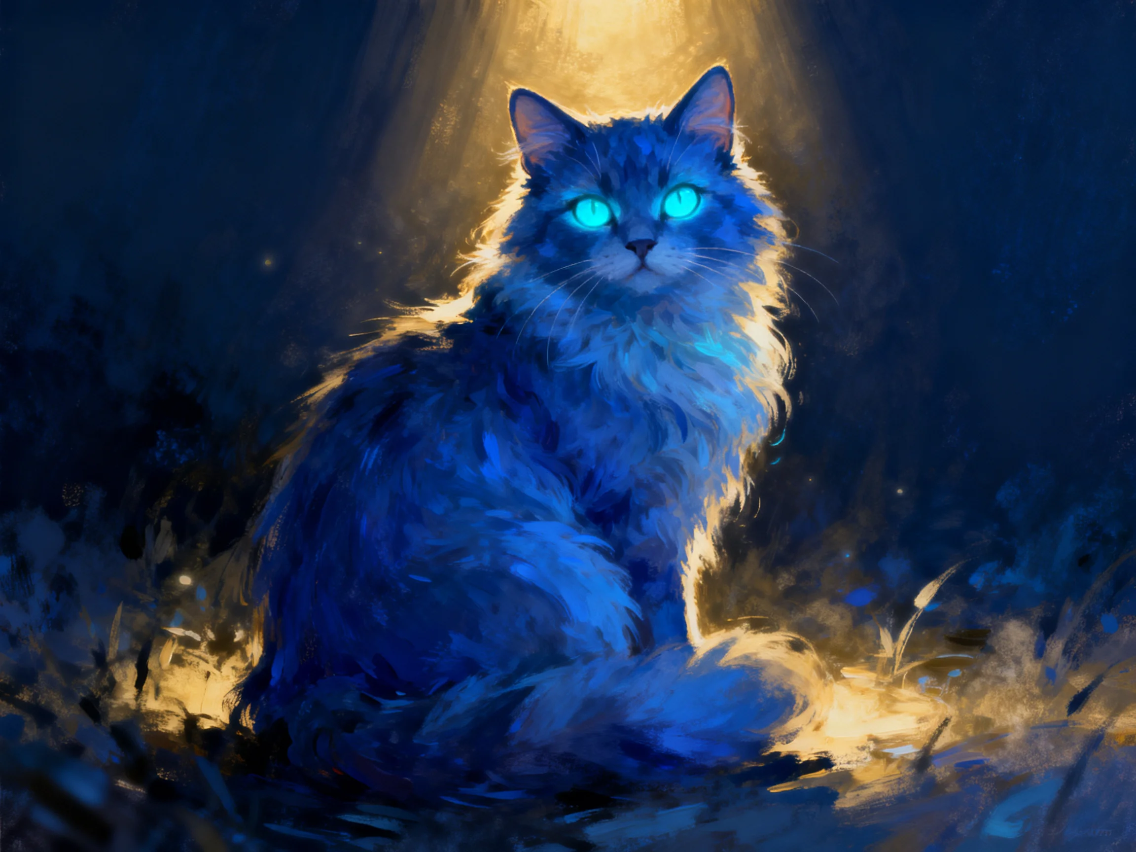 A fluffy blue cat with glowing eyes sits in a dark space illuminated by golden light