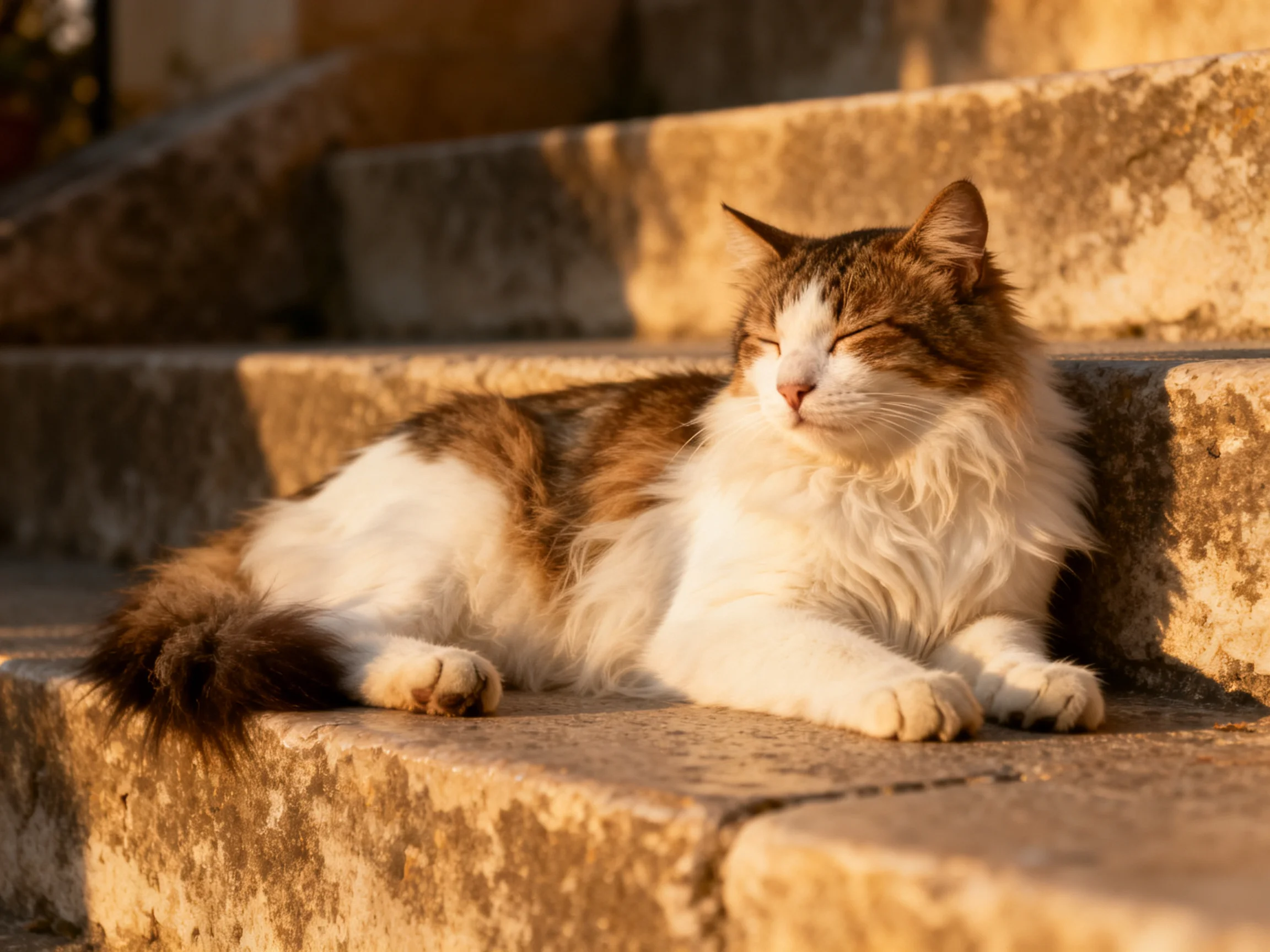 A fluffy brown and white cat relaxes on aged stone steps in golden sunlight