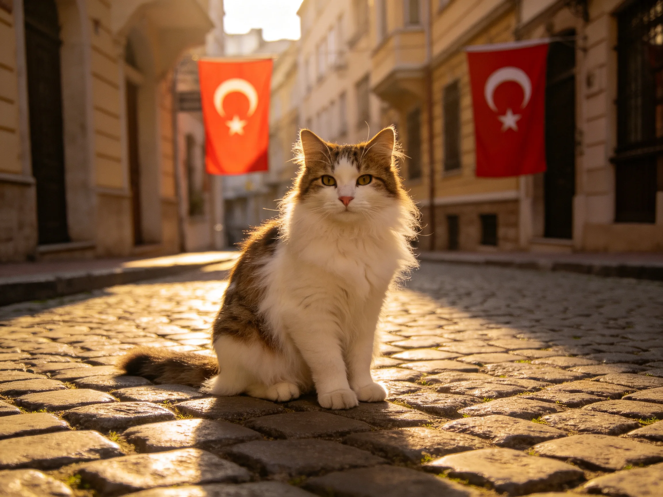 A fluffy brown-and-white cat sits on a cobblestone street with red Turkish flags