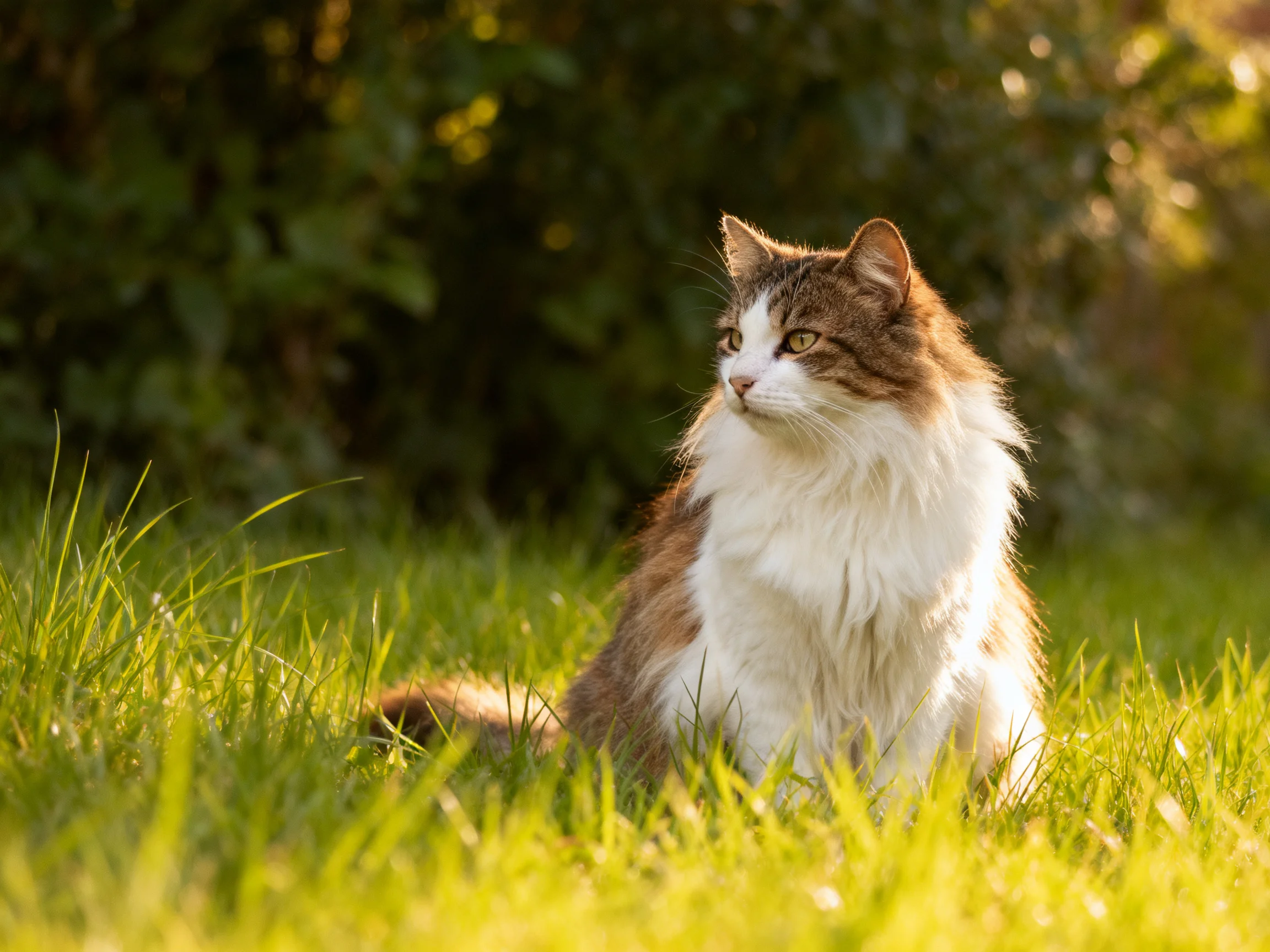 A fluffy brown-and-white cat sits calmly on sunlit green grass with dense foliage behind.
