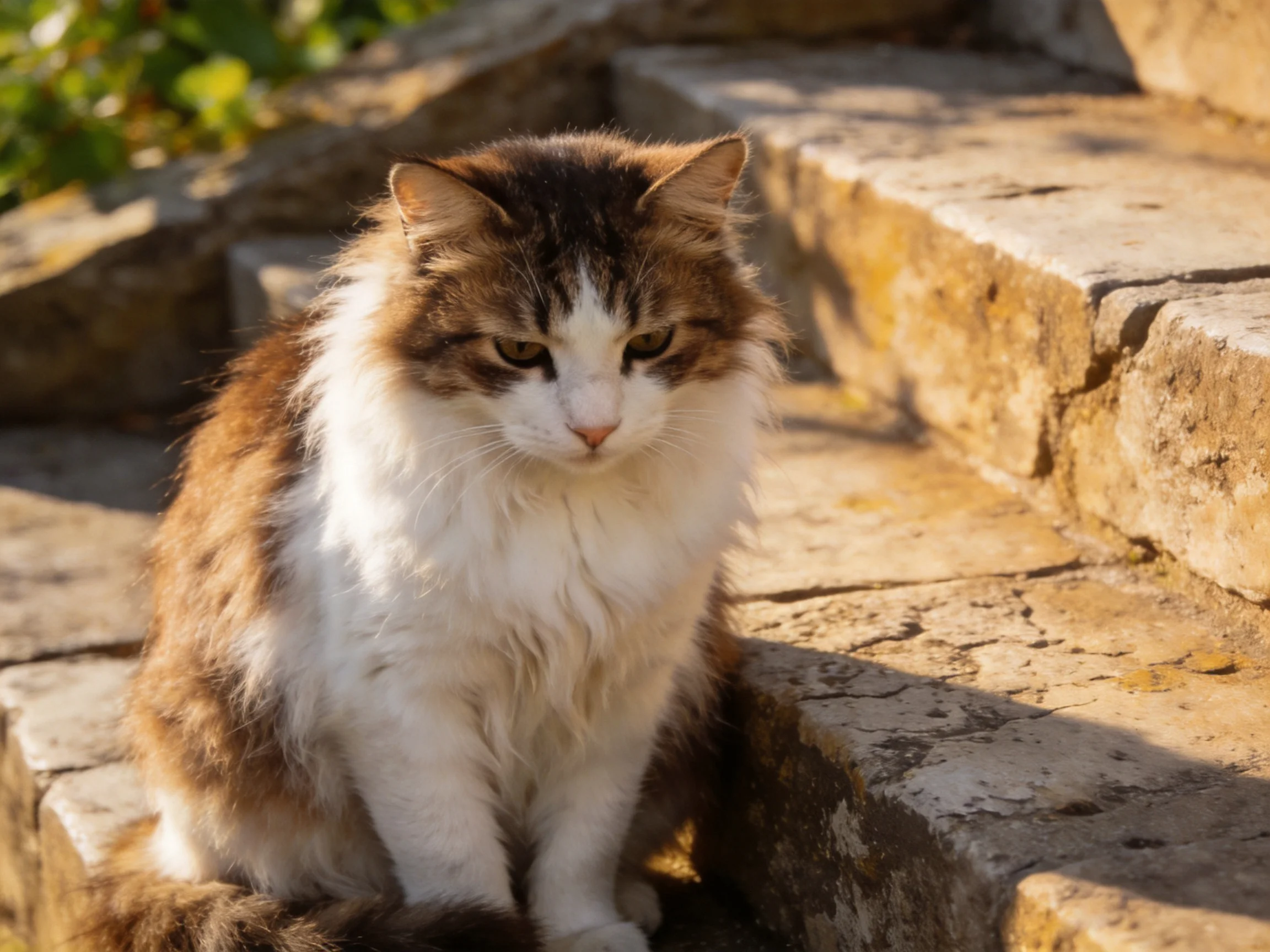A fluffy brown and white cat rests on aged stone steps in bright sunlight.