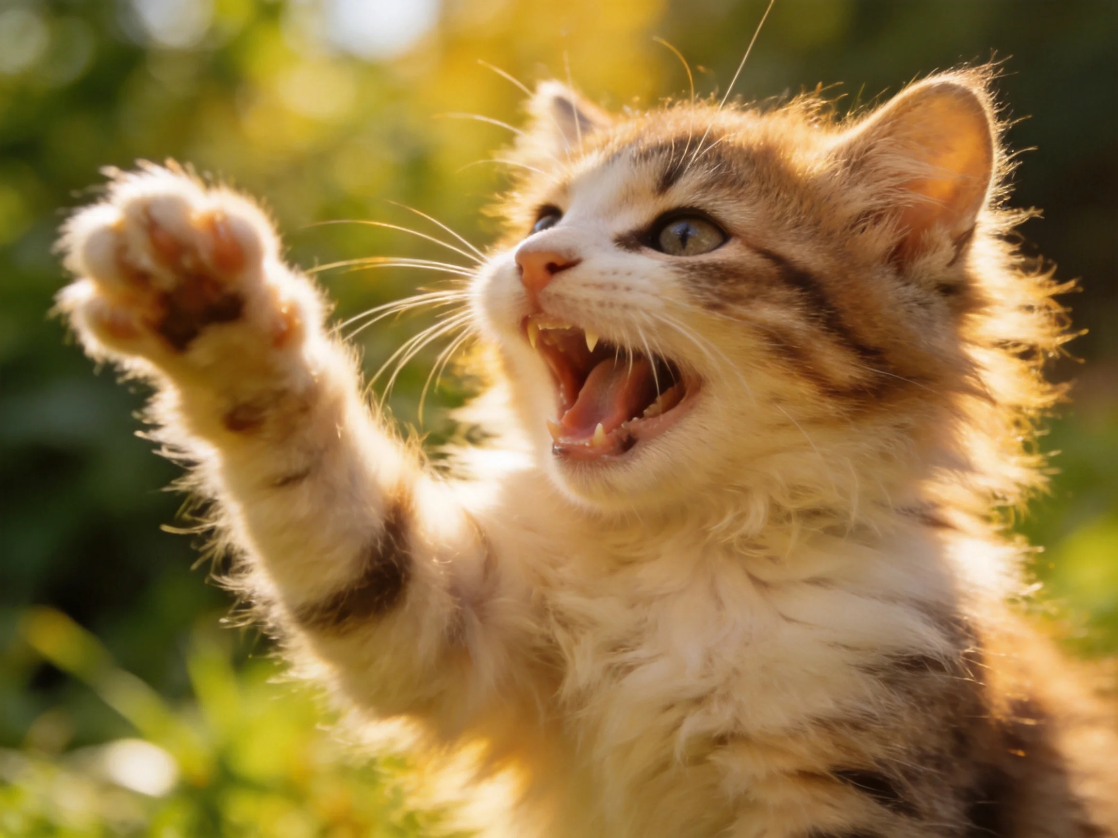 A fluffy brown-and-white kitten reaches upward with its paw in a sunlit outdoor setting.
