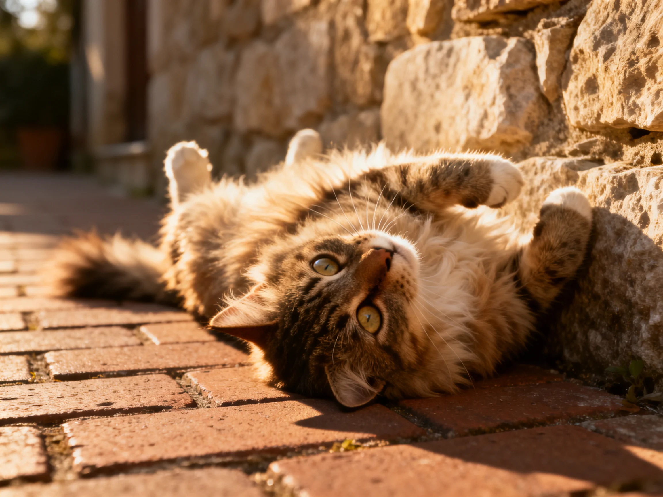 A fluffy brown-and-white cat relaxes on brick pavement beside a stone wall.