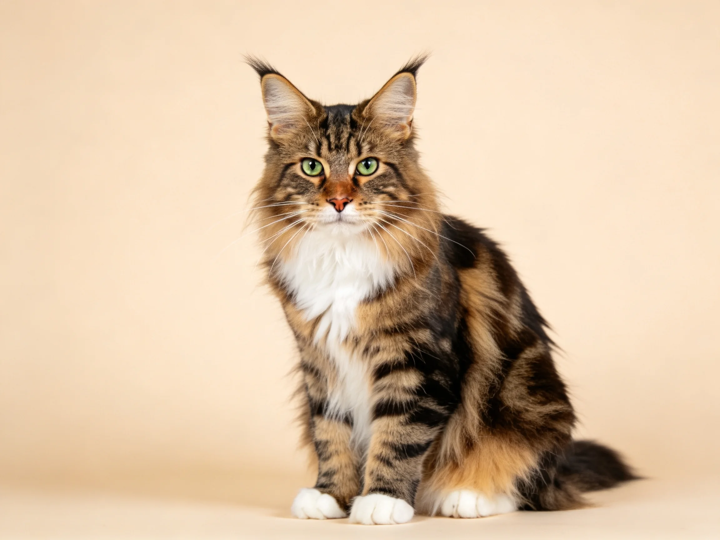 A fluffy brown-black tabby cat with green eyes sits against a beige backdrop