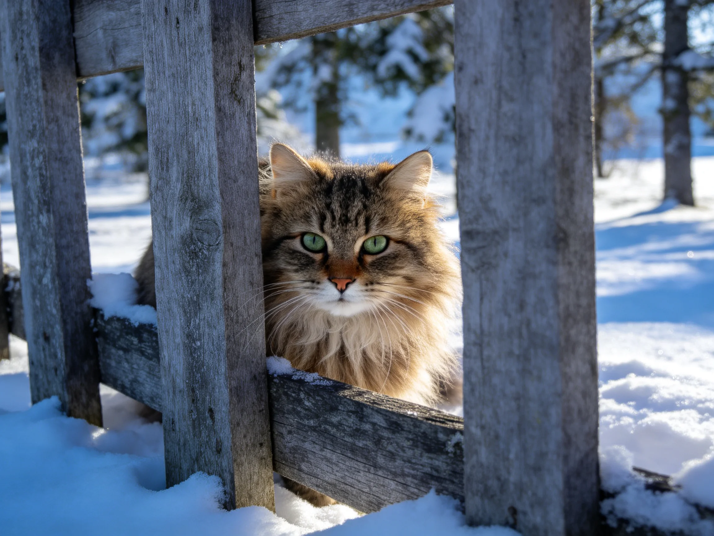 A fluffy cat views the snowy outdoors through a wooden fence.