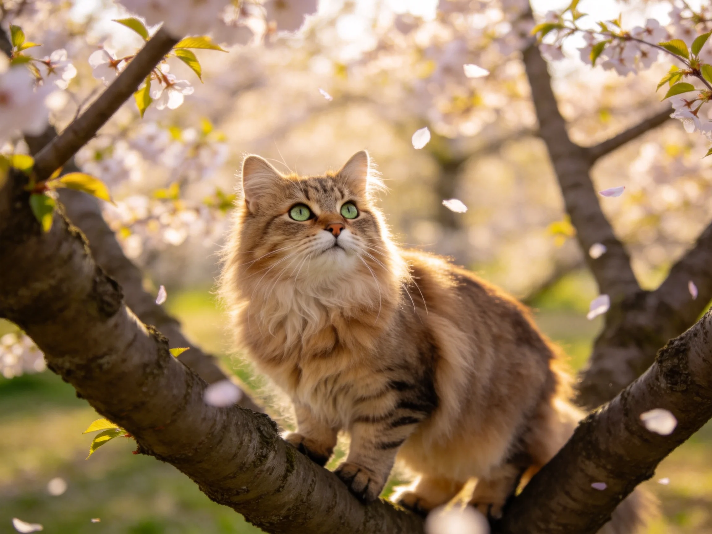 A fluffy brown cat sits on a cherry blossom tree branch amid blooming flowers.