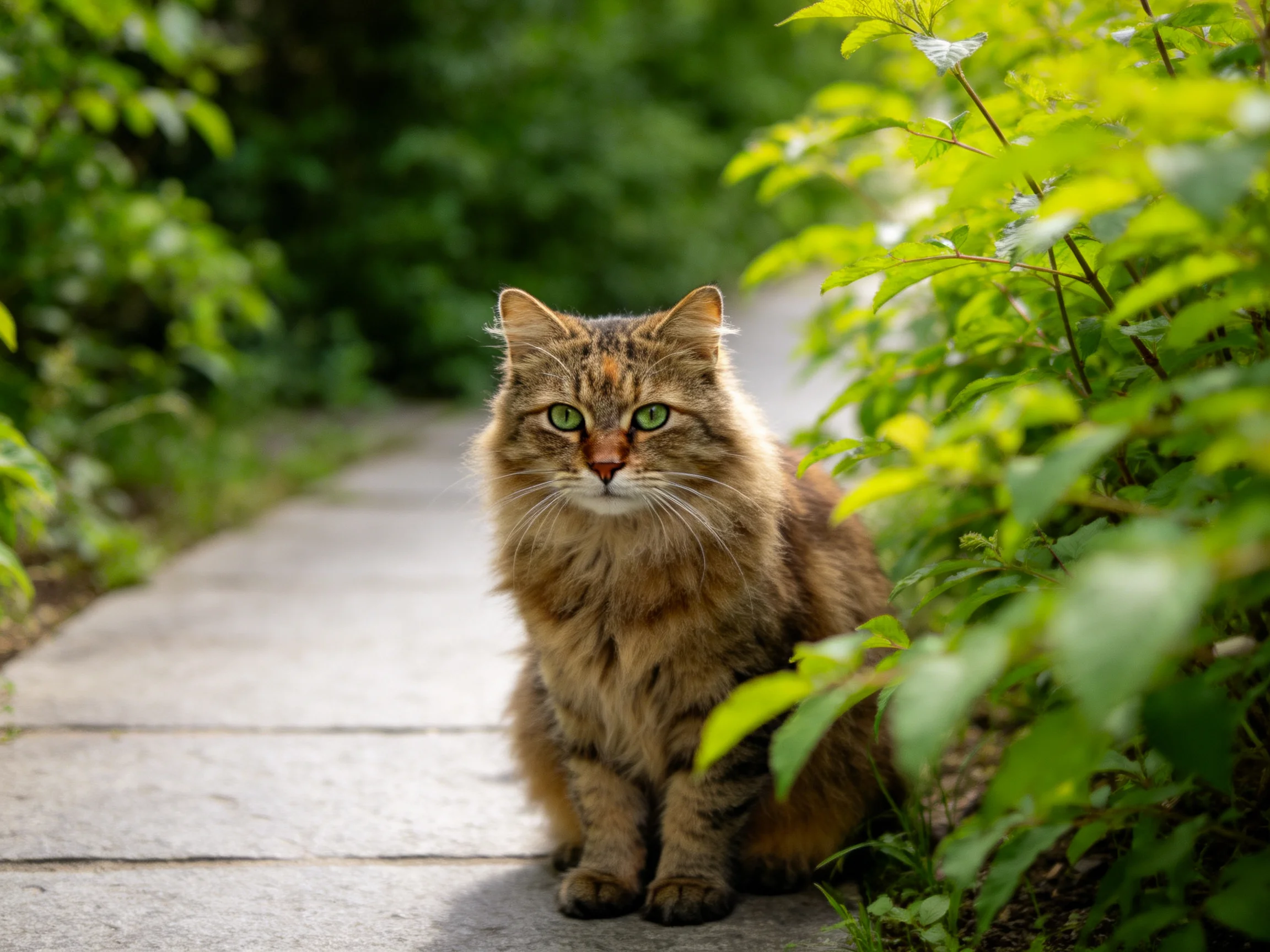 A fluffy brown cat sits on a stone path surrounded by greenery