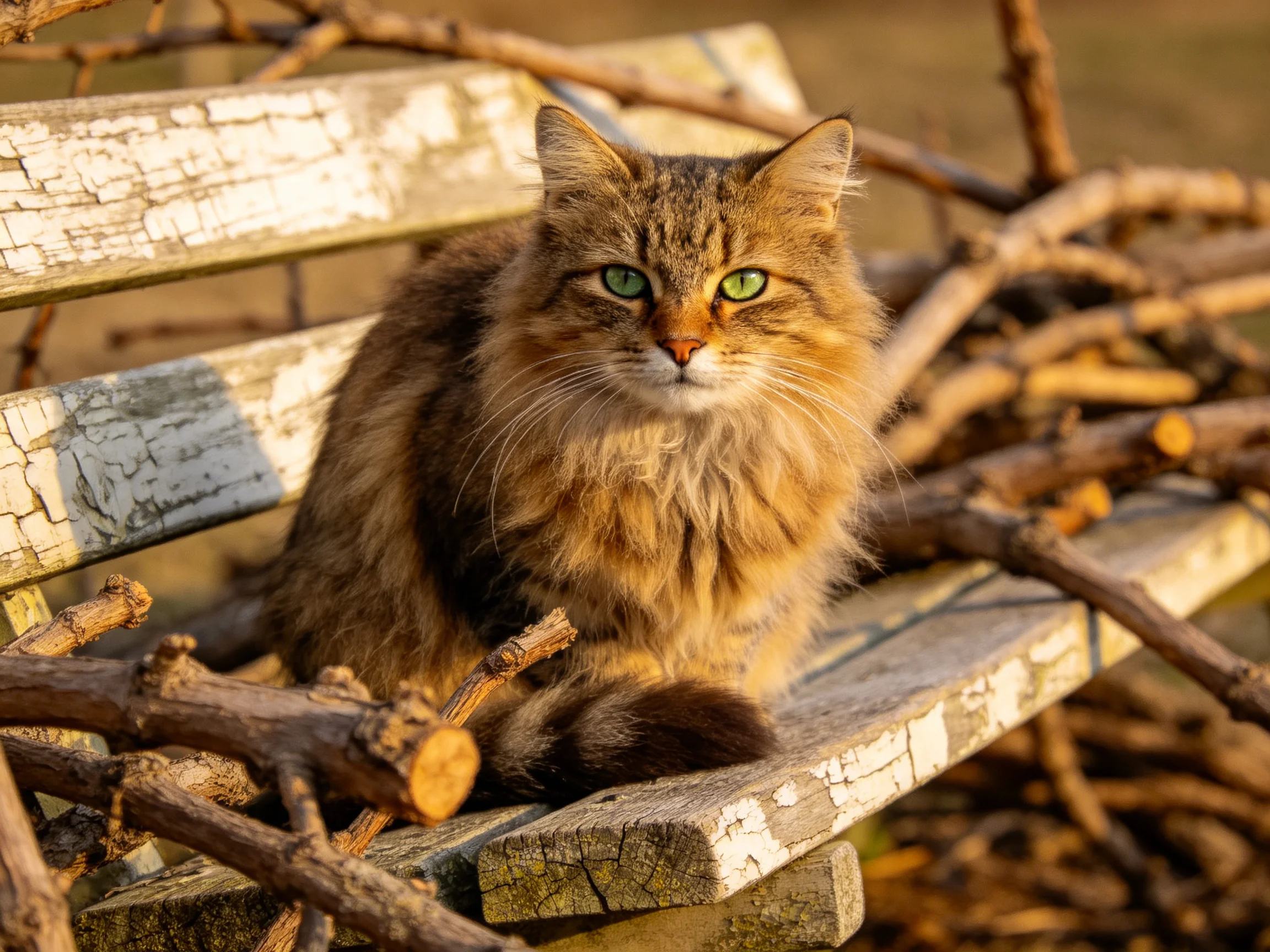 A fluffy brown cat sits on a weathered wooden bench amid branches
