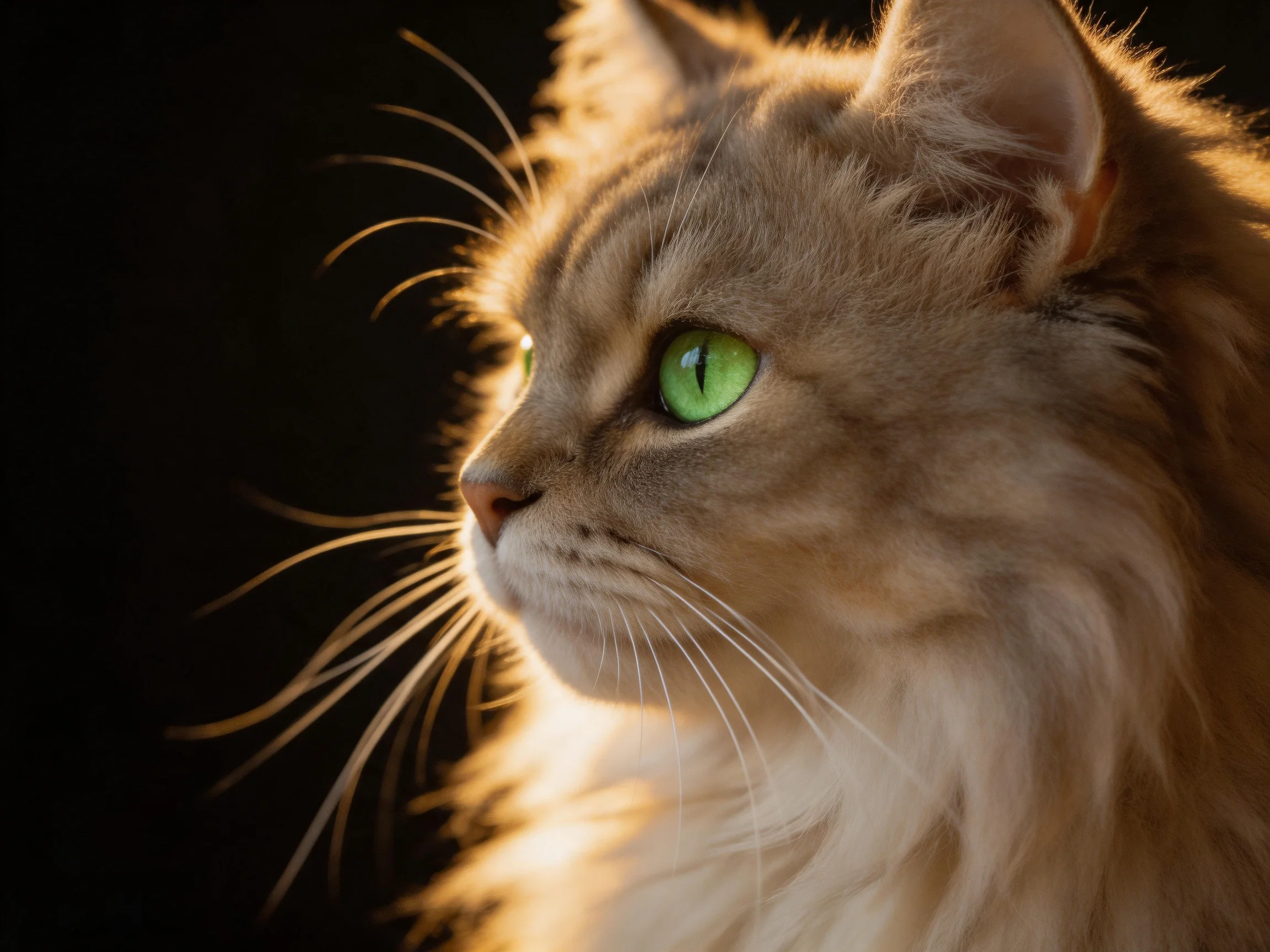 A fluffy brown cat with bright green eyes is shown in a close - with warm lighting.