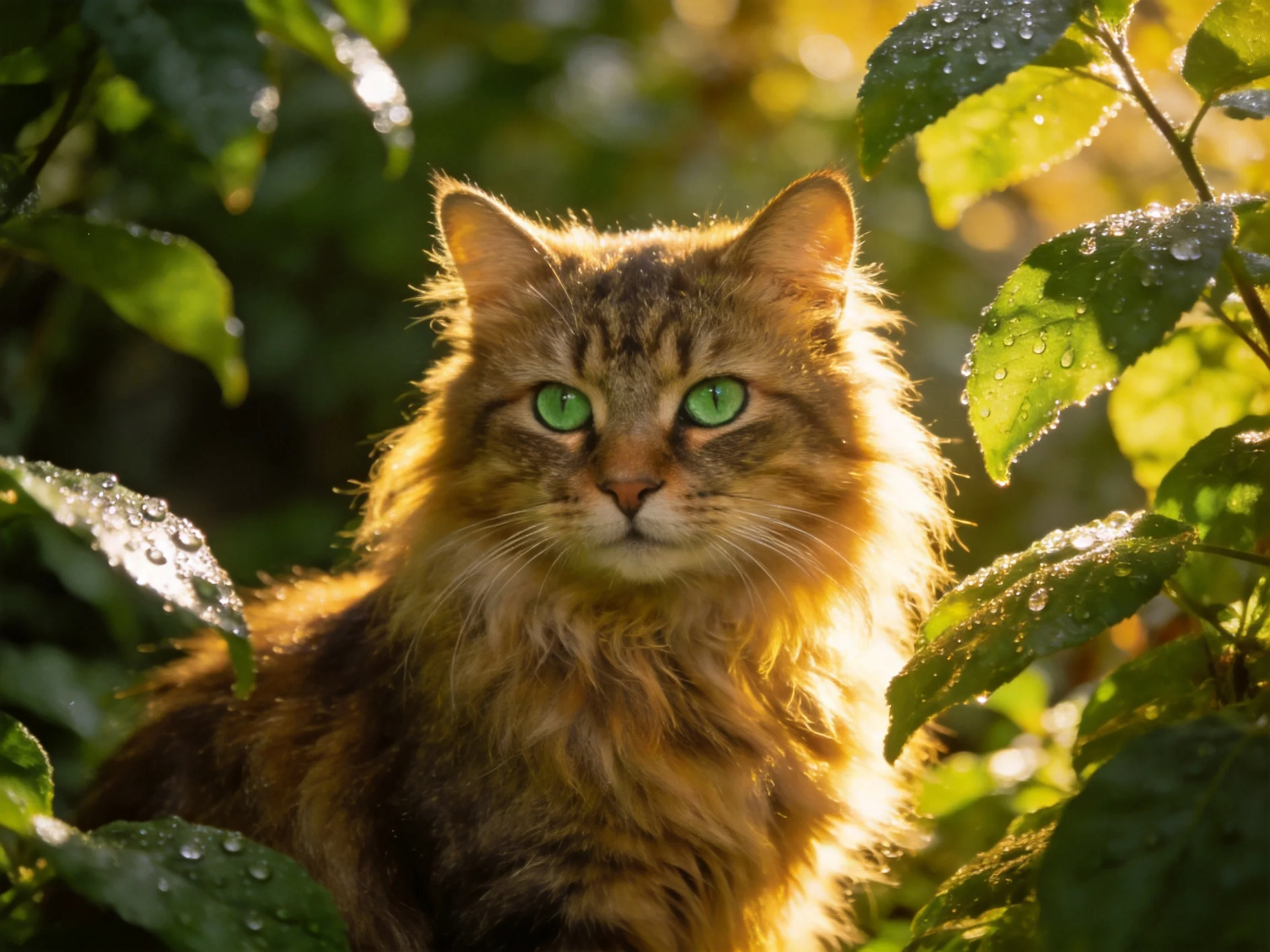A fluffy brown cat with green eyes sits among dewy green foliage.