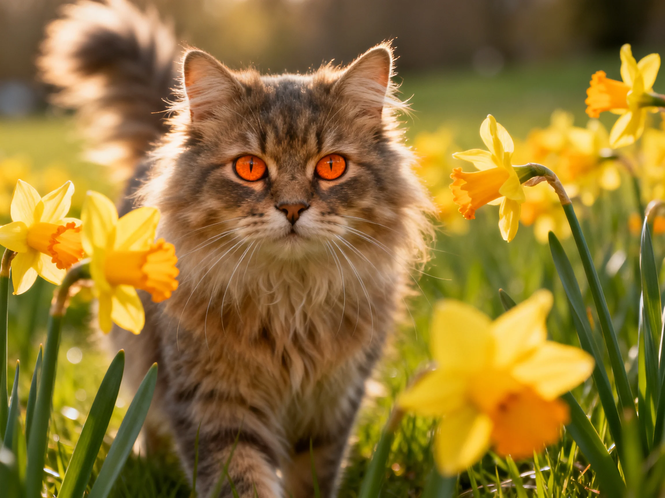 A fluffy brown cat with bright orange eyes moves through a field of yellow daffodils.