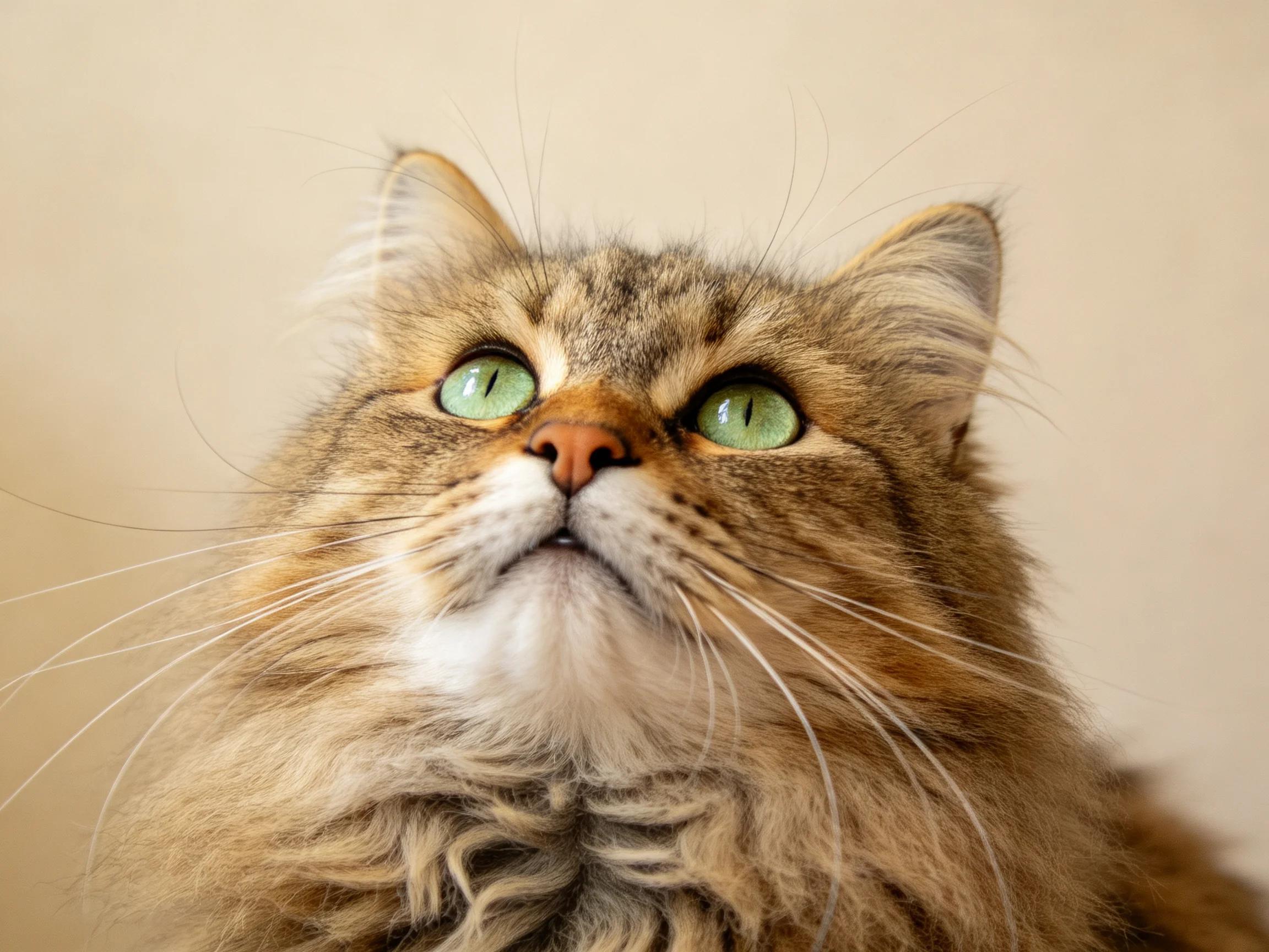 A fluffy brown cat with striking green eyes gazes upward