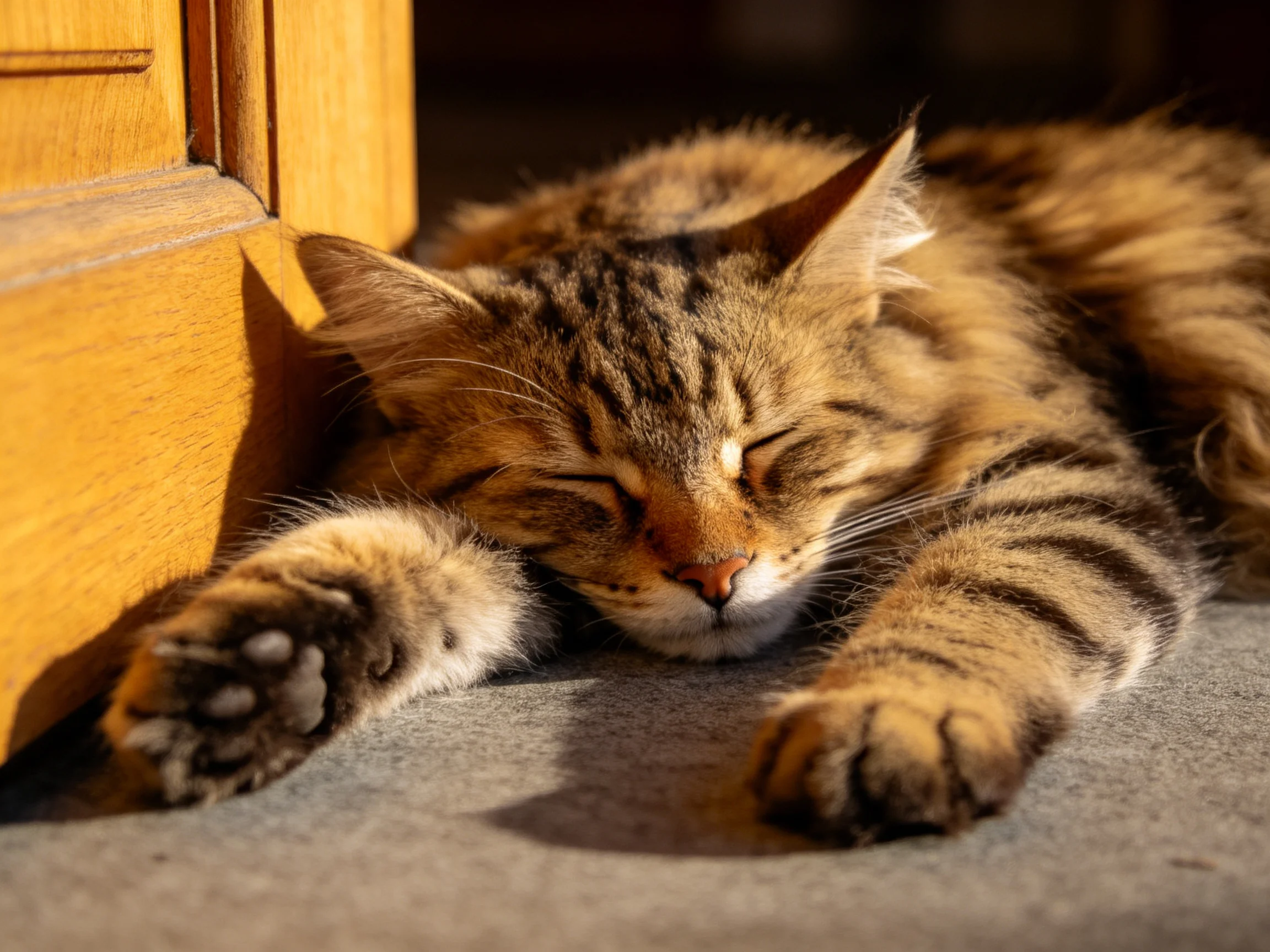 A fluffy brown tabby cat napping beside a wooden structure in warm sunlight
