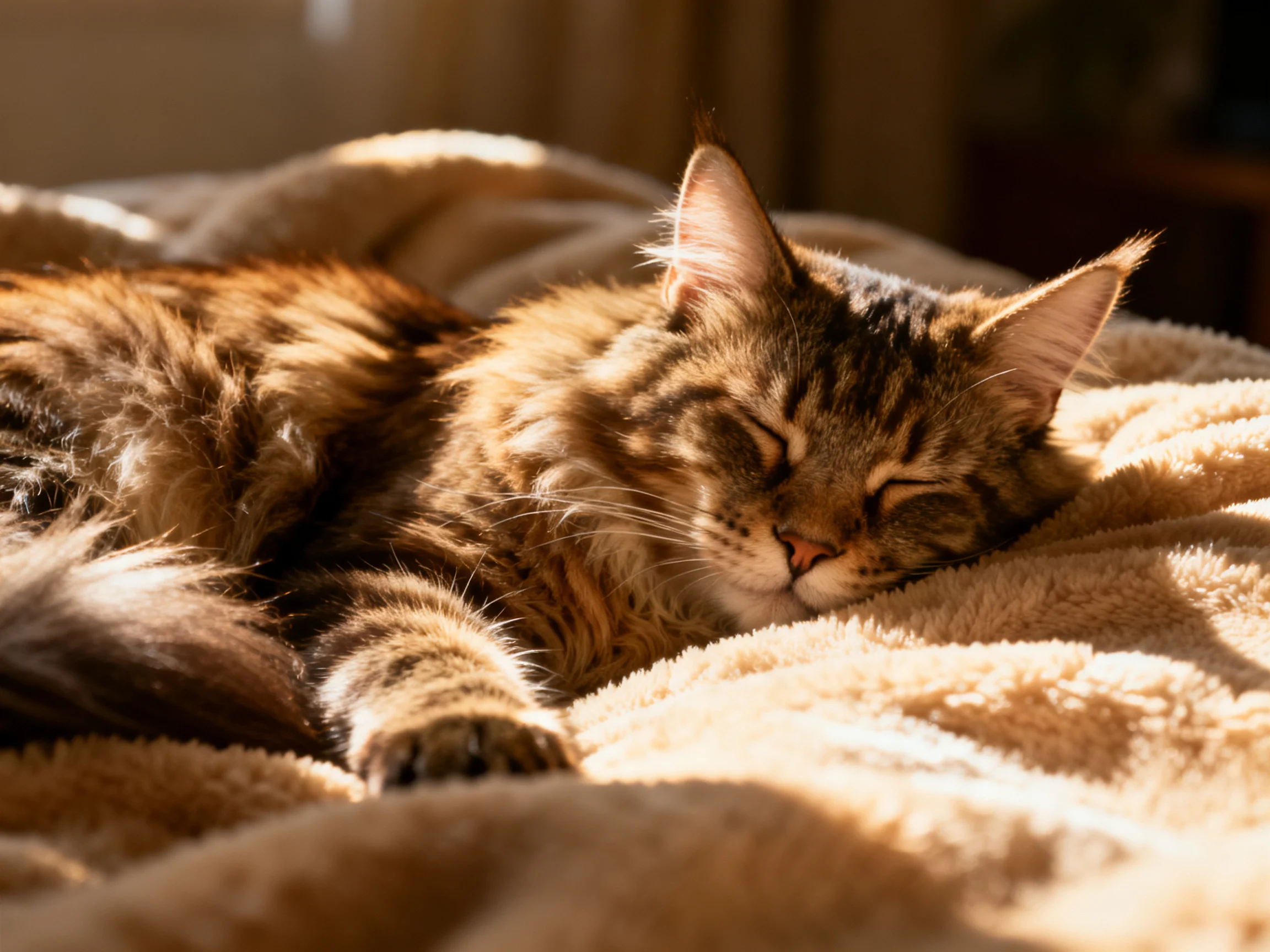 A fluffy brown tabby cat napping on a soft beige blanket in warm sunlight