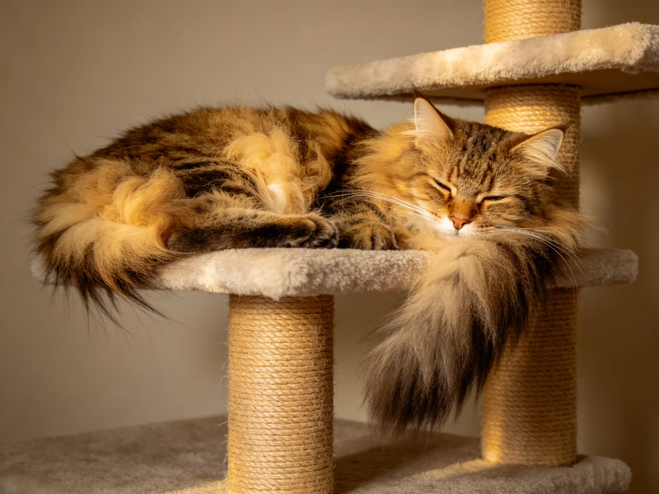 A fluffy brown tabby cat sleeps peacefully ona multi-level scratching post.