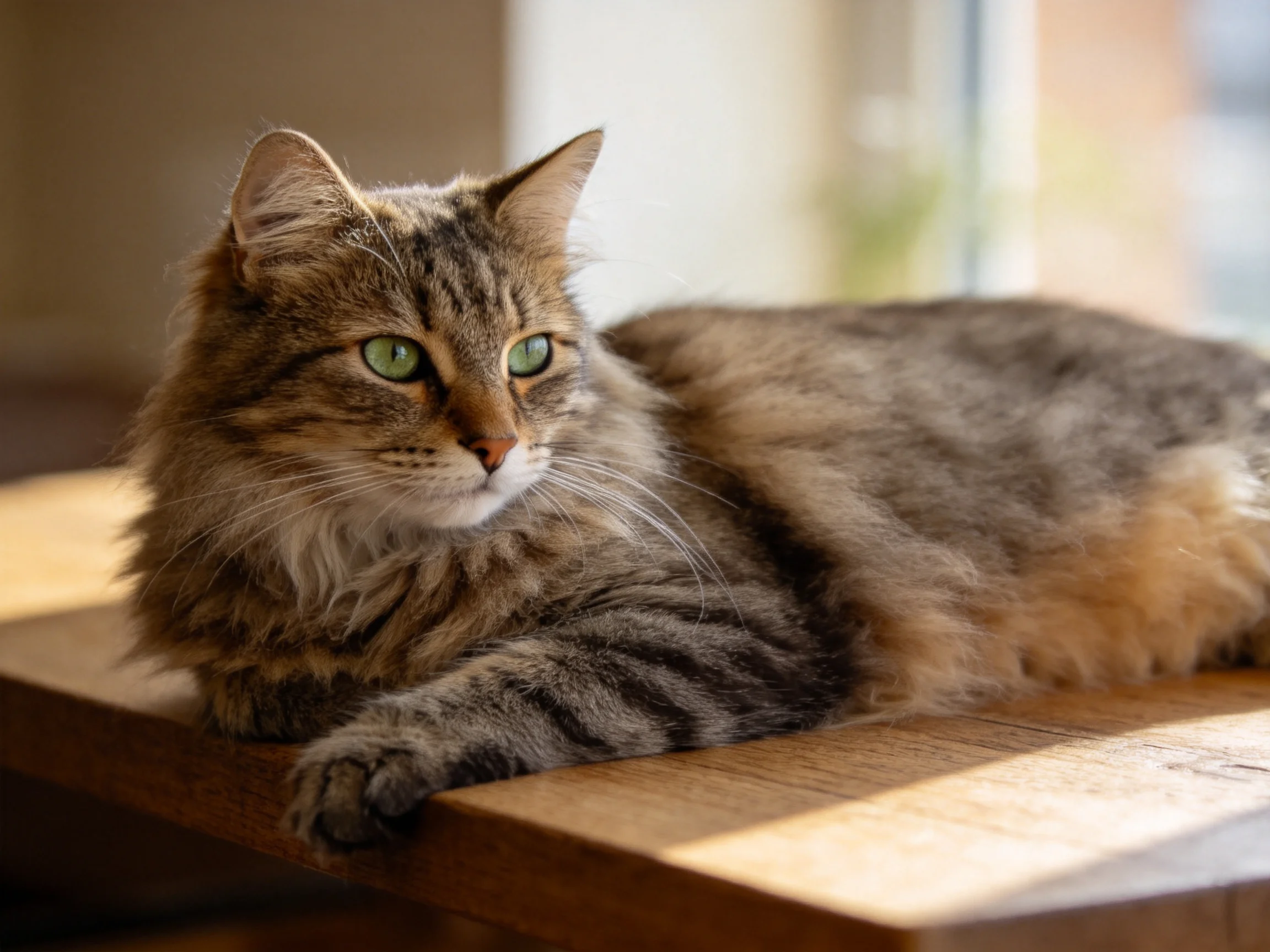 A fluffy tabby cat relaxes on a wooden table in a sunlit indoor area.