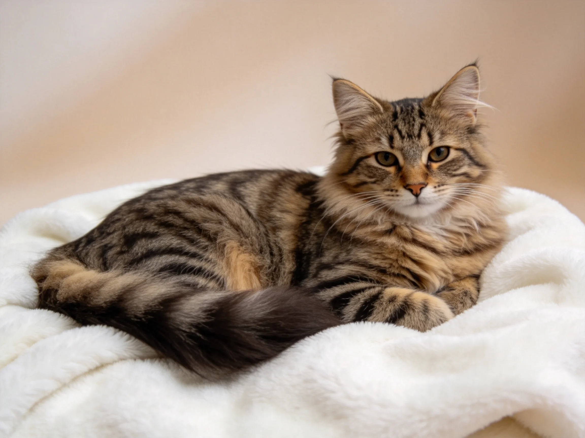 A fluffy brown-tabby cat rests on a plush white blanket